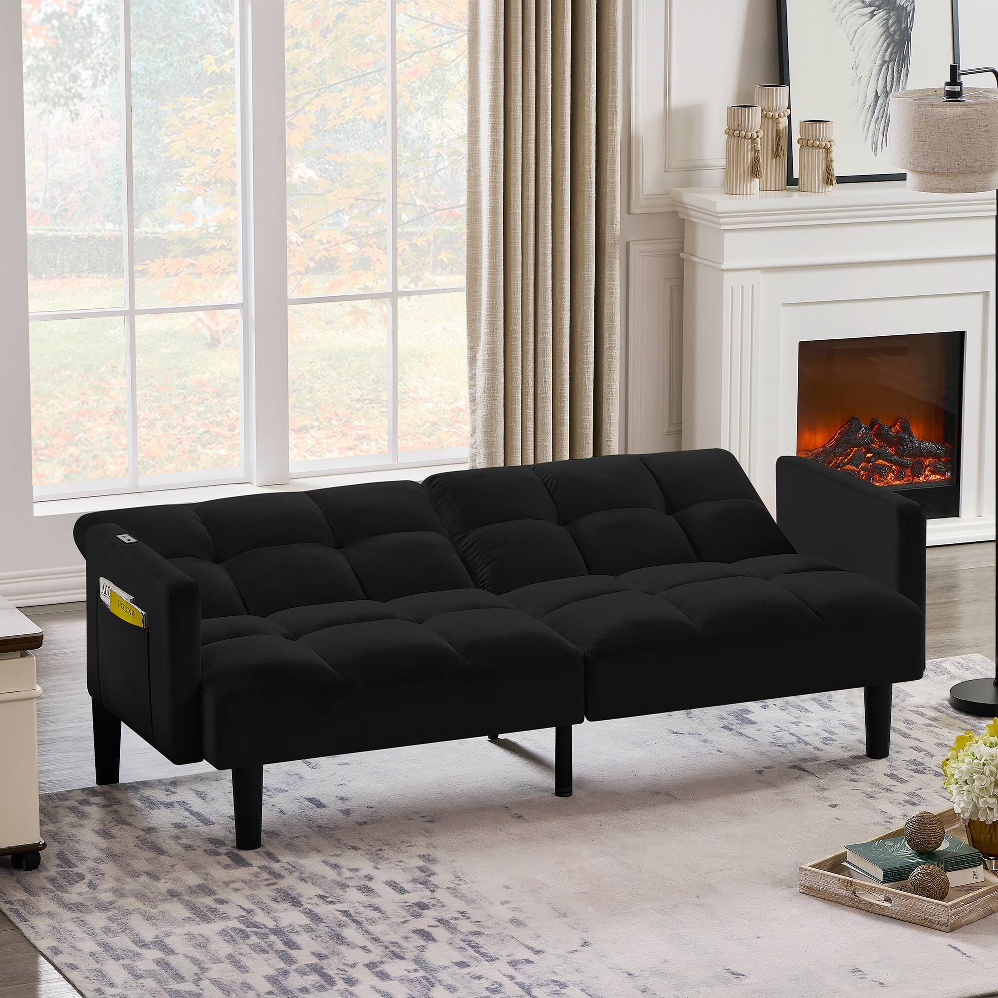 Left. TinyHomie - Velvet Futon Couch Convertible Folding Sofa Bed Tufted Couch for Apartment - Black.