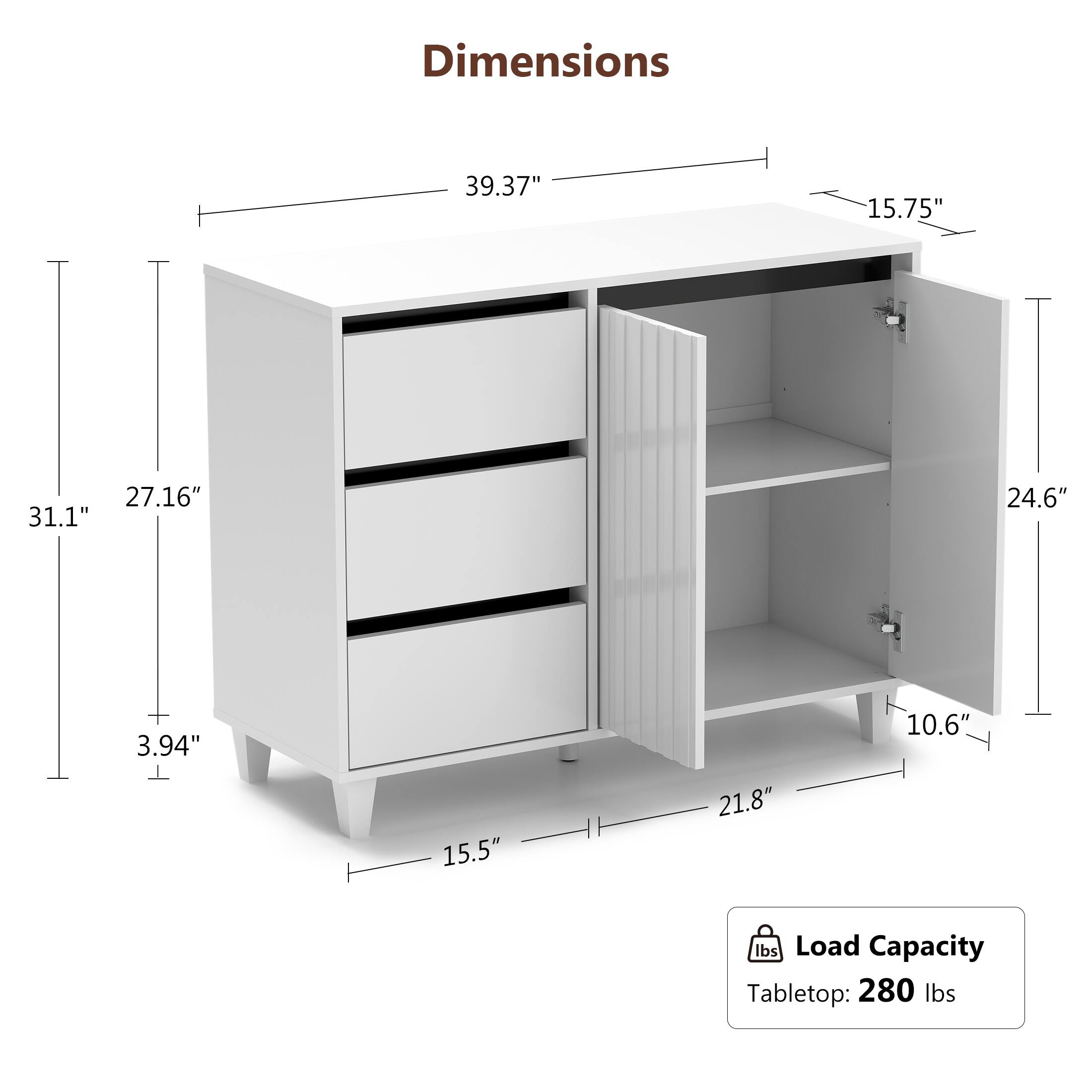 Dimensions: 39.37", 15.75", 27.16", 31.1", 24.6", 3.94", 15.5", 21.8", 10.6"

Load Capacity: Tabletop: 280 lbs