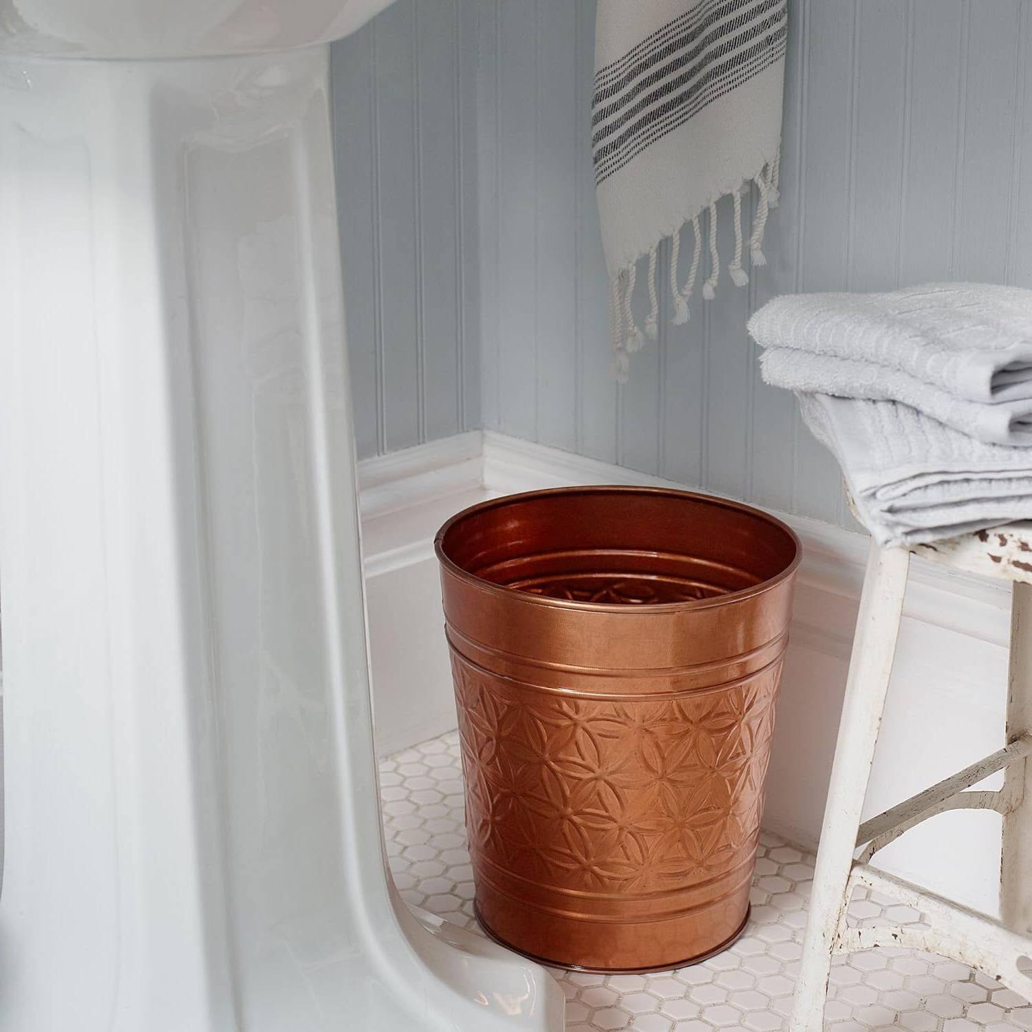 Angle. Hivvago - Bathroom Bedroom Metal Trash Can Waste Basket in Copper Finish - Copper Finish.