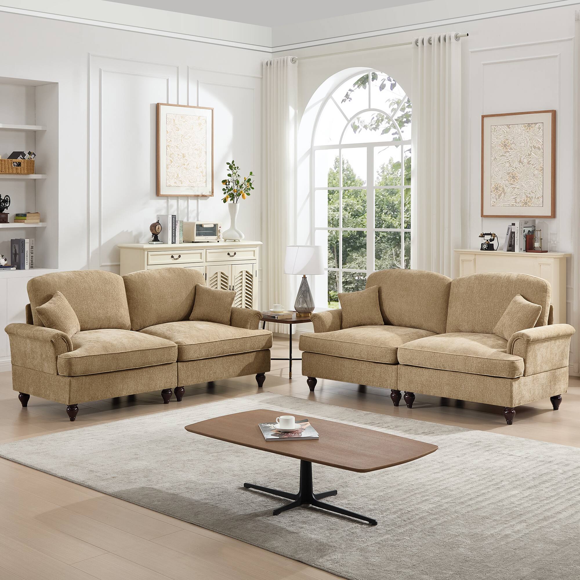 Angle. Anysun - Classic 2-Piece Chenille Sofa Set - Flared Arms, Ruffled Skirt & Spindle Legs (2+2 Seat Sofa) for Living Room - Coffee.