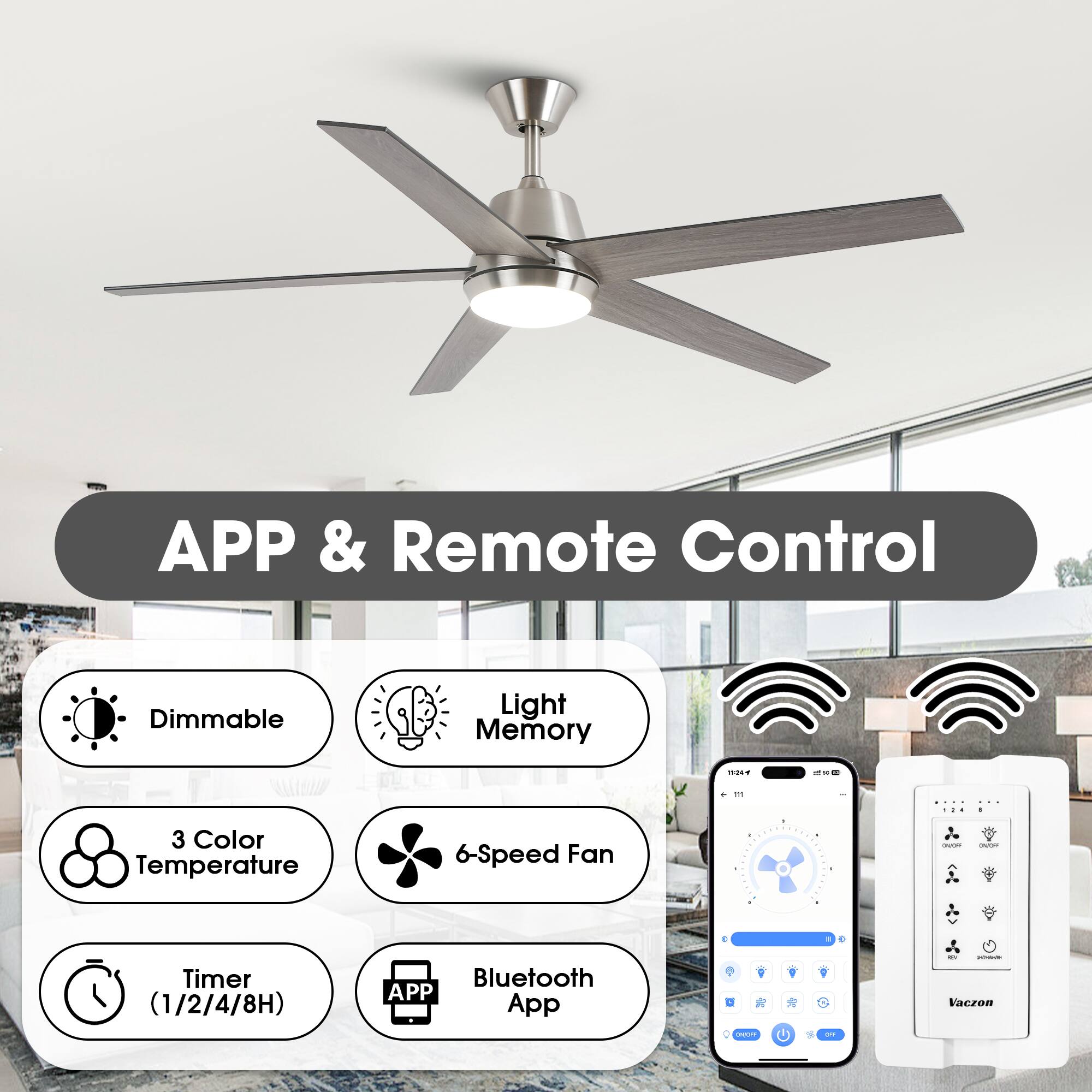 APP & Remote Control

- Dimmable
- Light Memory
- 3 Color Temperature
- 6-Speed Fan
- Timer (1/2/4/8H)
- Bluetooth App