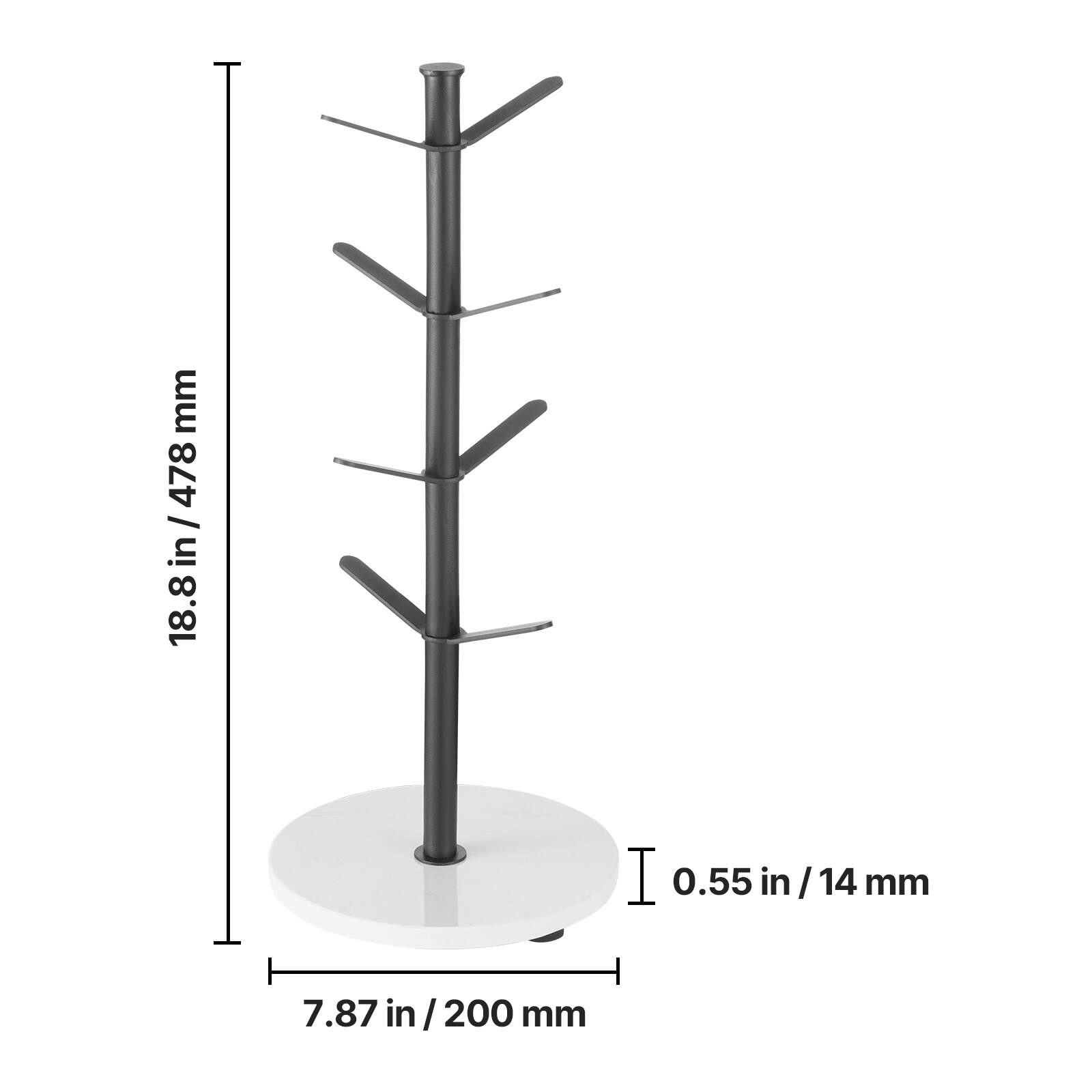 - Height: 18.8 in / 478 mm
- Diameter: 7.87 in / 200 mm
- Thickness: 0.55 in / 14 mm