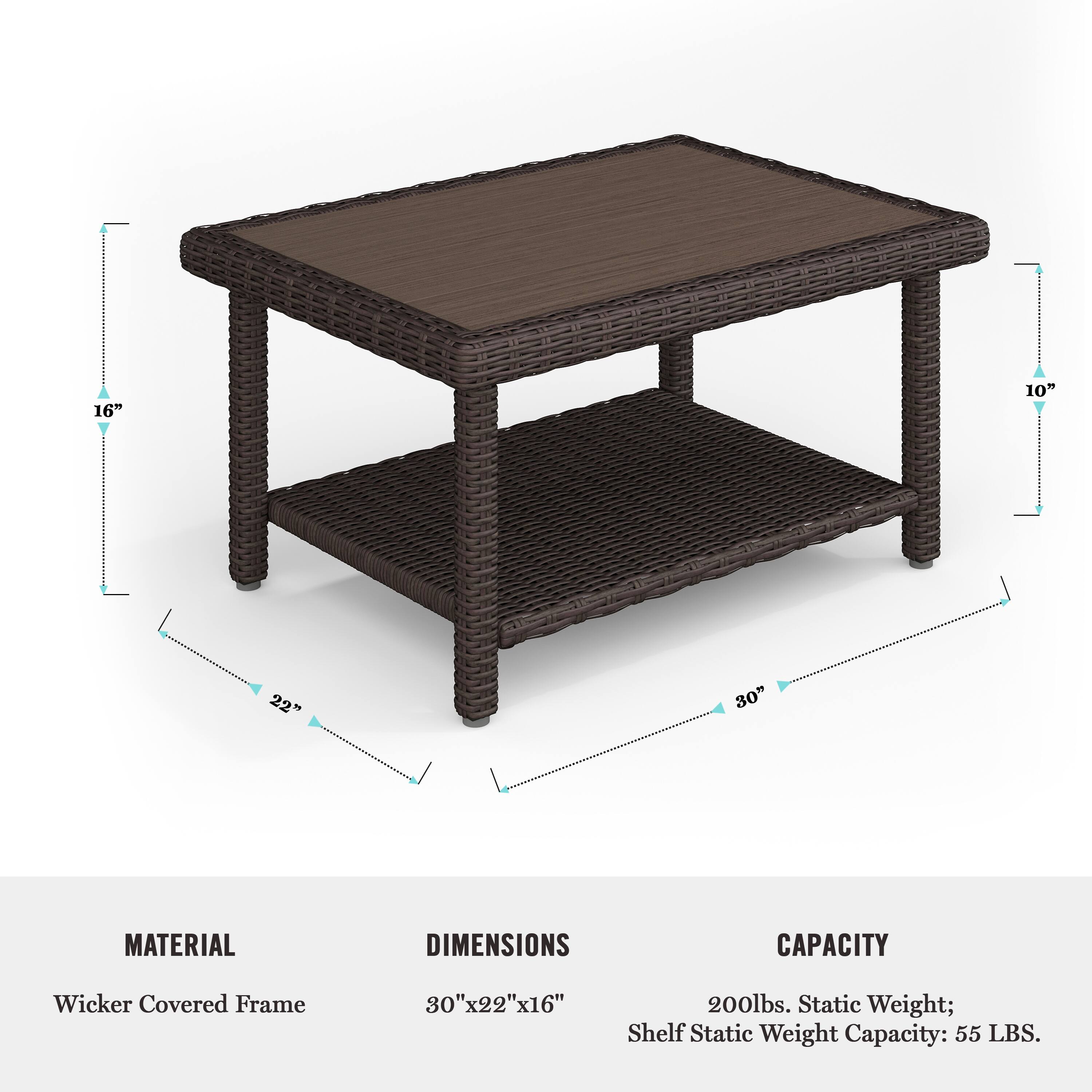 The text on the image reads:

Material: Wicker Covered Frame
Dimensions: 30"x22"x16"
Capacity: 200lbs. Static Weight; Shelf Static Weight Capacity: 55 LBS.
