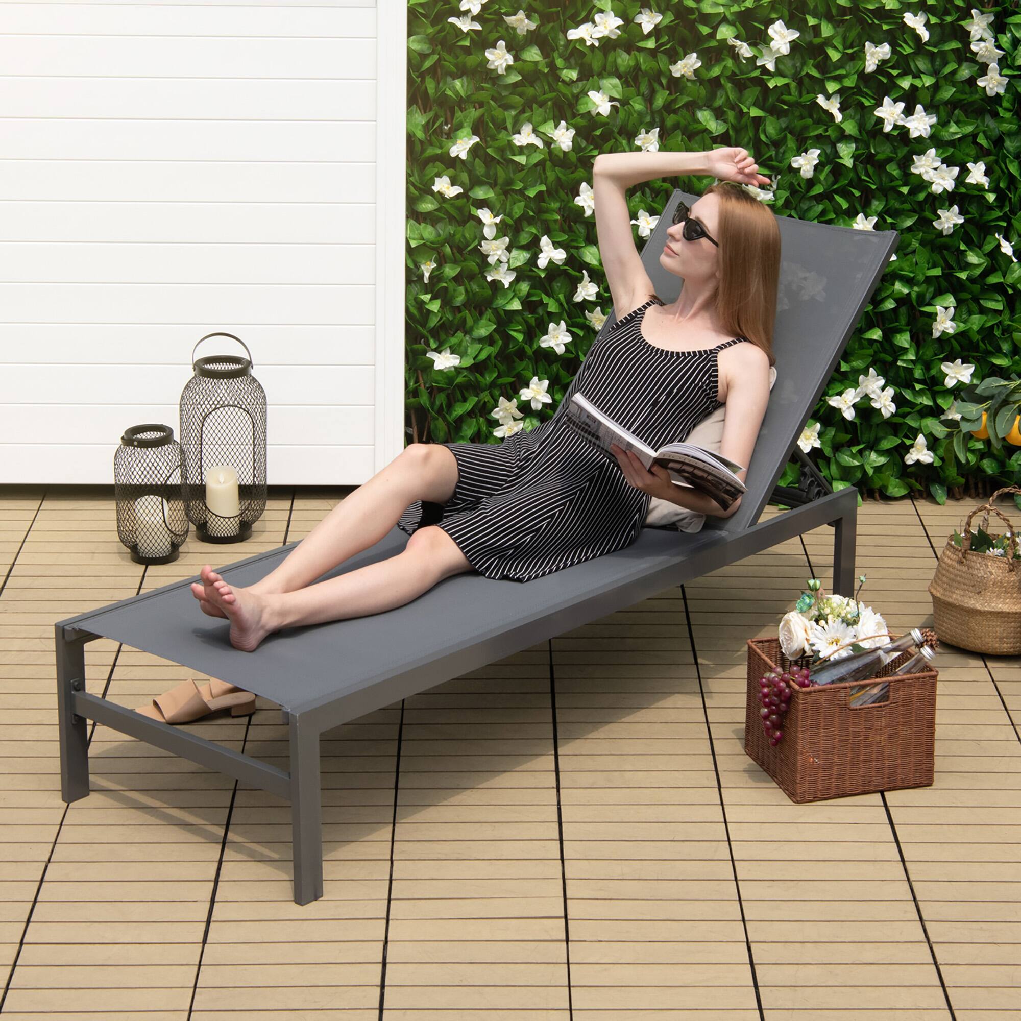 Alt View 8. Gymax - Gymax Set Of 2 Patio Chaise Lounge Outdoor Adjustable Lounge Chair W/ 6-Position Backrest Grey - Grey.