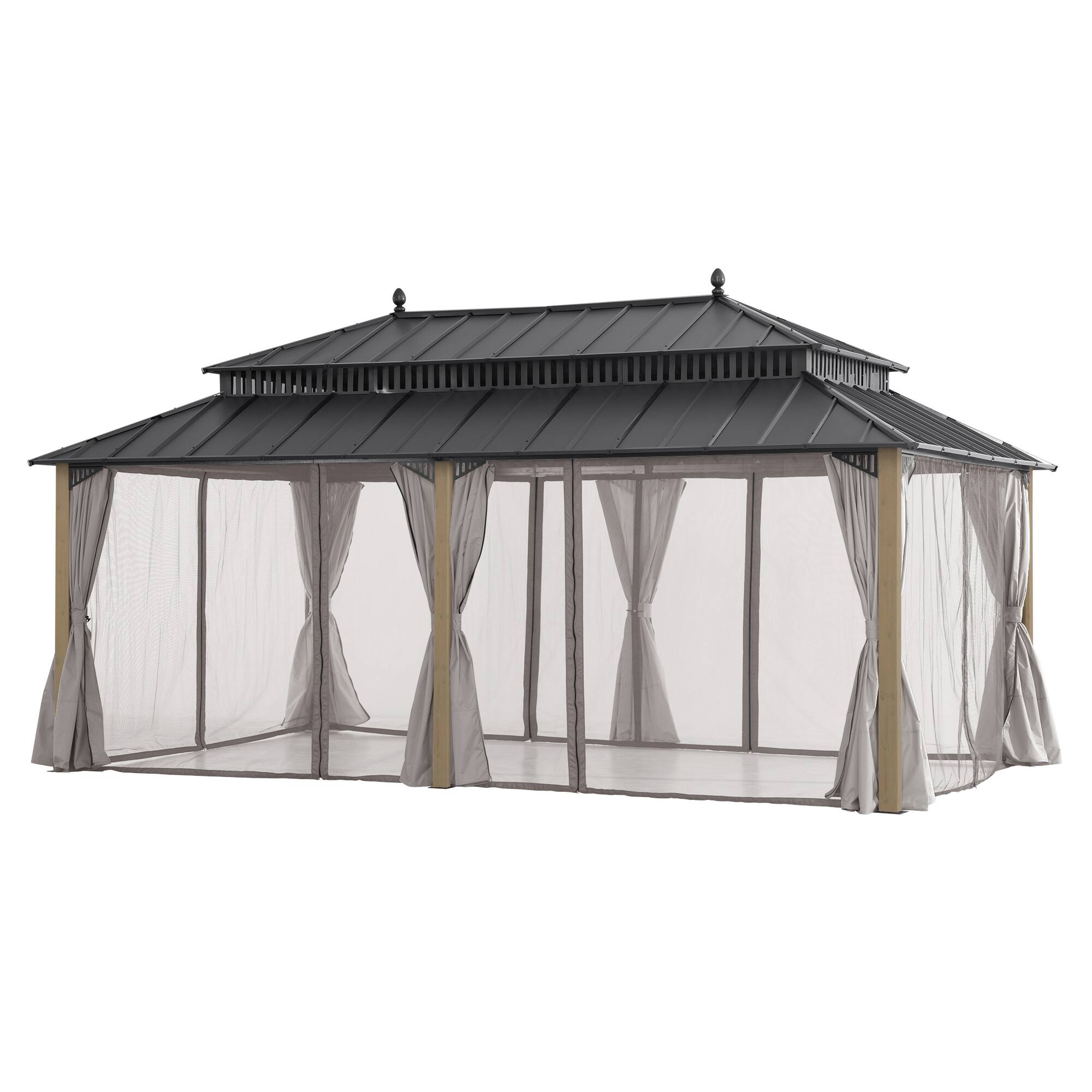 Left. SUNJOY - SUNJOY Kingston 20x12 Gazebo, Steel Hardtop Gazebo with Curtain and Netting - Cedar Posts.