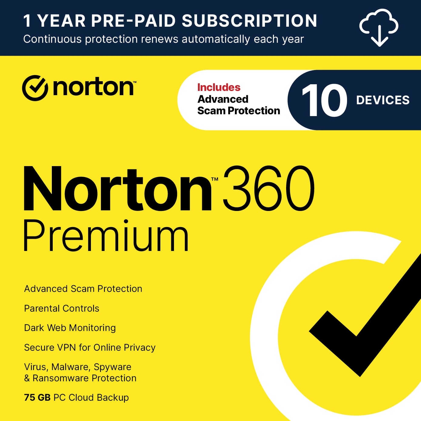 Norton - 360 Premium (10 Device) Antivirus Internet Security + Scam Protection + VPN + Dark Web Monitoring (1 Year Subscription) - Android, Apple iOS, Mac OS, Windows [Digital]