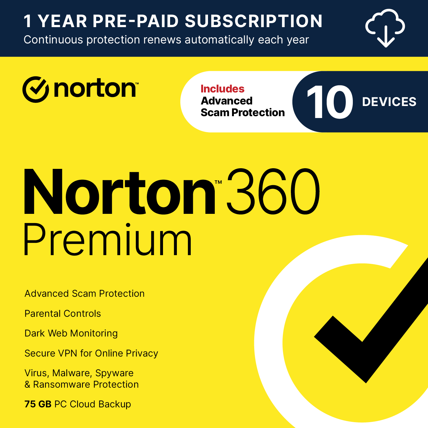 Norton - 360 Premium (10 Device) Antivirus Internet Security + Scam Protection + VPN + Dark Web Monitoring (1 Year Subscription) - Android, Apple iOS, Mac OS, Windows [Digital]