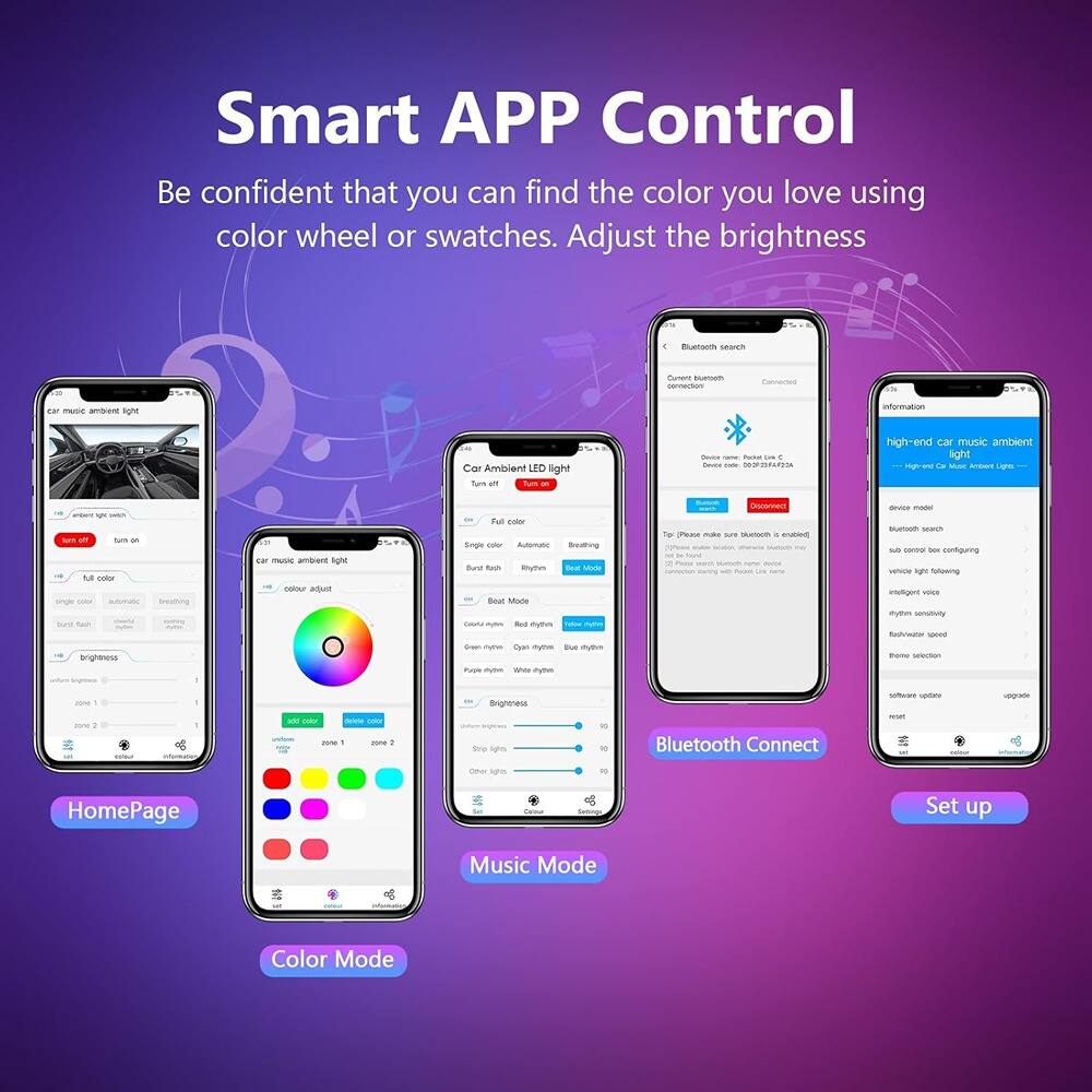 Smart APP Control

Be confident that you can find the color you love using color wheel or swatches. Adjust the brightness.

- HomePage
- Color Mode
- Music Mode
- Bluetooth Connect
- Set up

car music ambient light

- full color
- single color
- breathing
- brightness
- zone 1
- zone 2

Car Ambient LED light

- Turn on
- full color
- single color
- breathing
- brightness
- zone 1
- zone 2

Bluetooth search

- Please make sure bluetooth is enabled
- Device name: Pocket Light C2
- Device address: 00:00:00:00:00:00
- Connect
- Disconnect

high-end car music ambient light

- sub control boat configuring
- intelligent vice
- rhythm sensitivity
- flashWater speed
- theme selection
- software update
- upgrade

- Beat Mode
- Red rhythm
- Green rhythm
- Blue rhythm
- White rhythm
- Brightness
- Other lights
- Simple lights