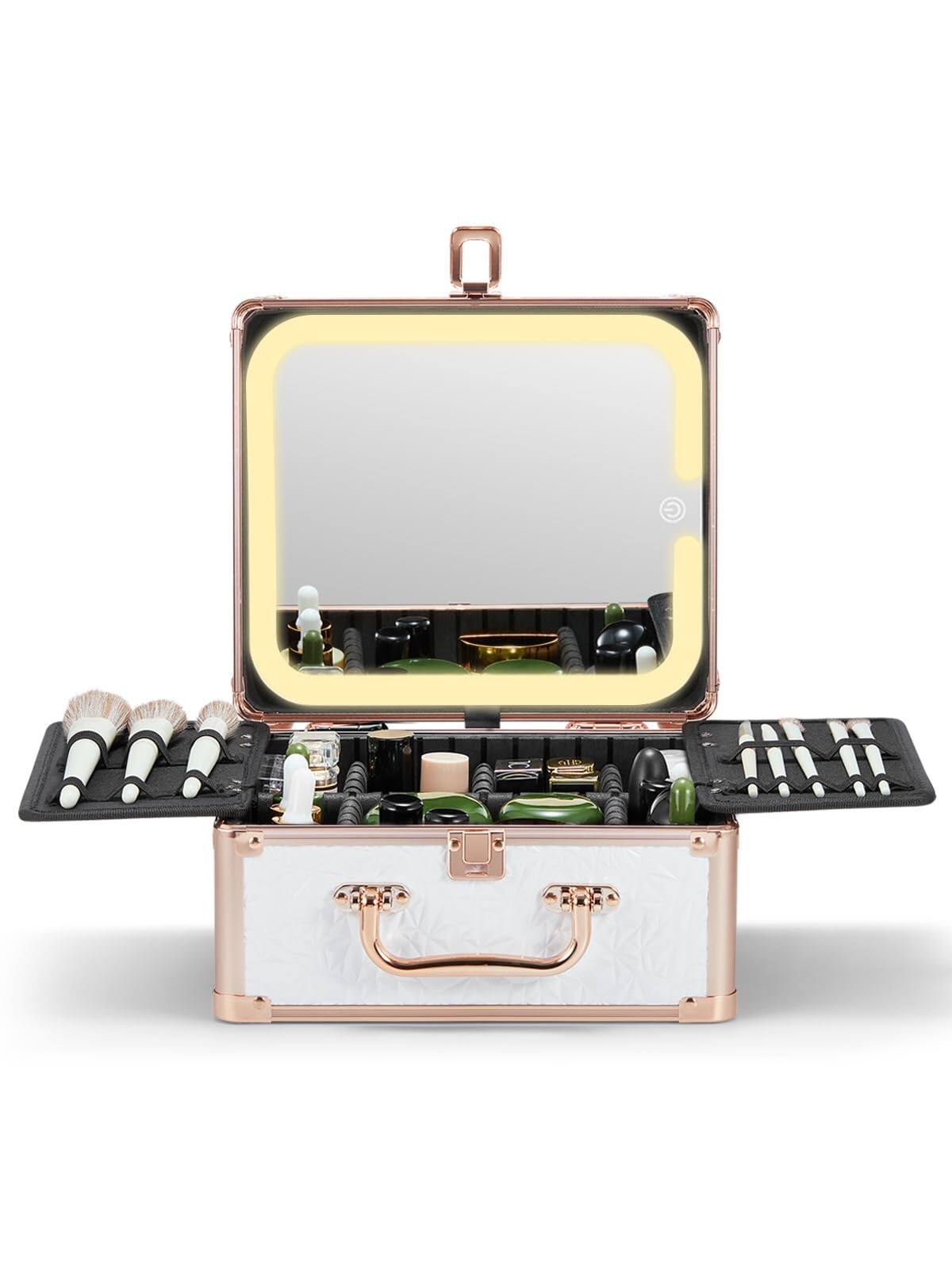 Front. VEGA AUTOMOTIVE - Makeup Box With A Detachable Lighted Mirror Waterproof Travel Case Organizer And Suitcase Adjustable Divide - Bright White.