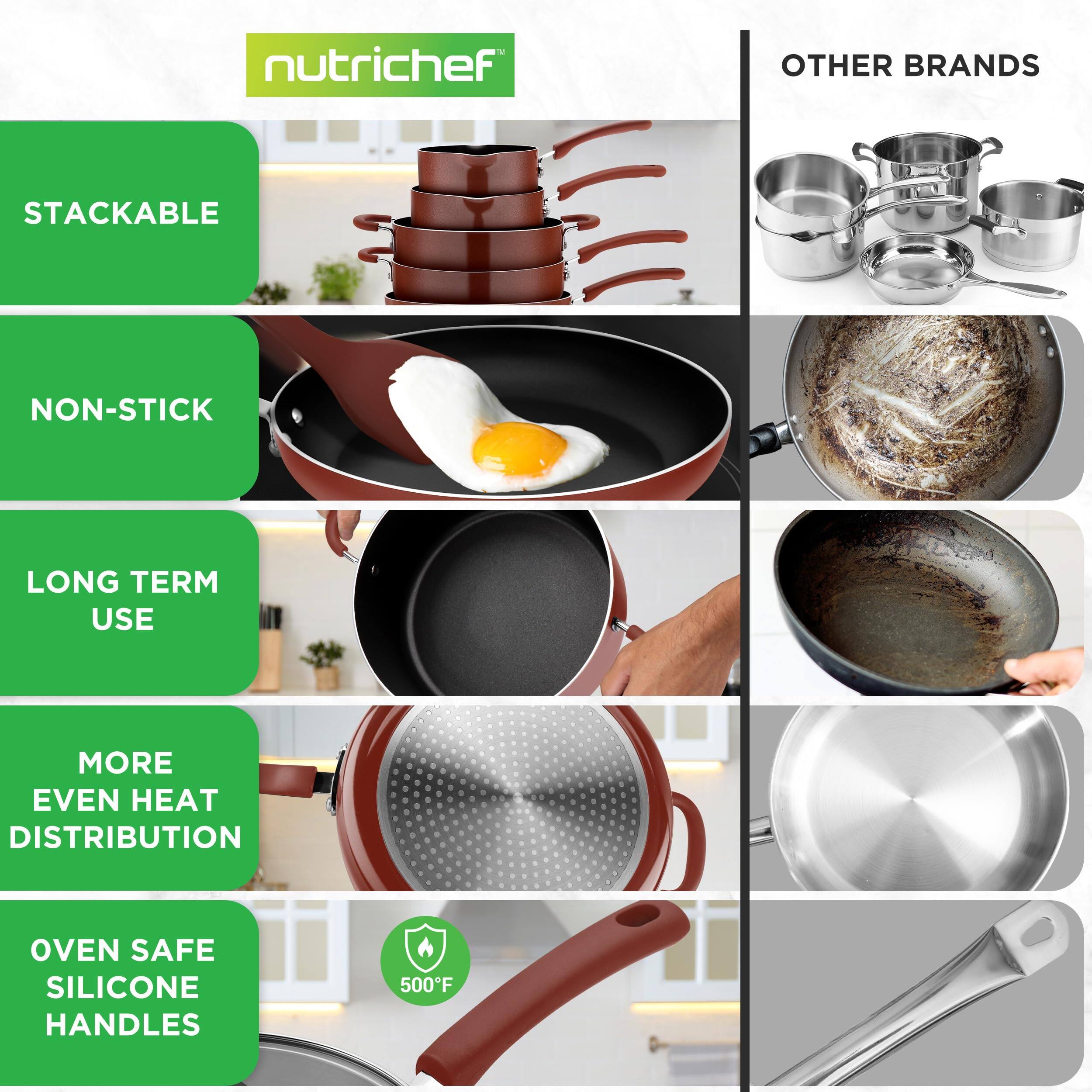 nutrichef STACKABLE NON-STICK LONG TERM USE MORE EVEN HEAT DISTRIBUTION OVEN SAFE SILICONE HANDLES 500F OTHER BRANDS