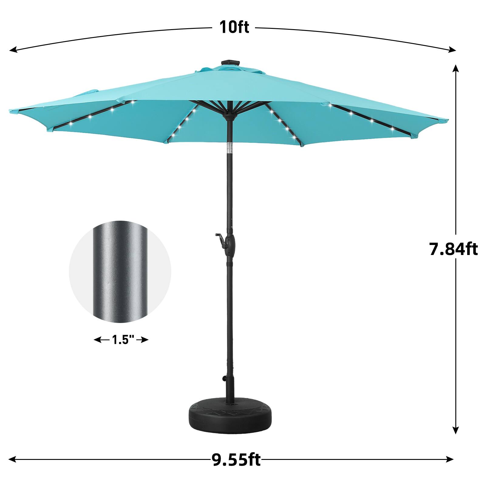 10ft, 7.84ft, 1.5", 9.55ft