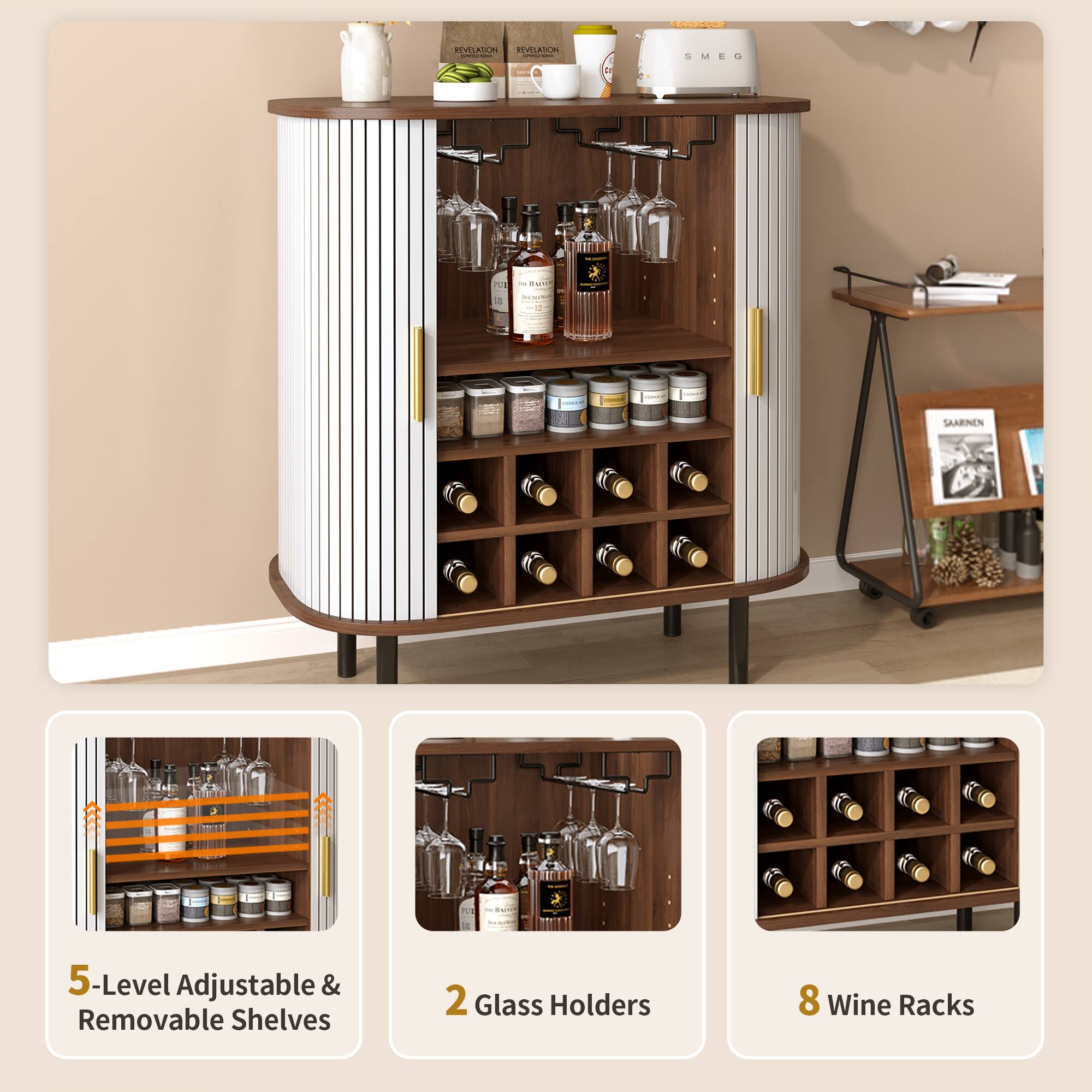 AARASAN REVELATION viATON | | SMED 5 M 4 2R - w a  oo  SAARNEN 5-Level Adjustable & Removable Shelves 2 Glass Holders 8 Wine Racks