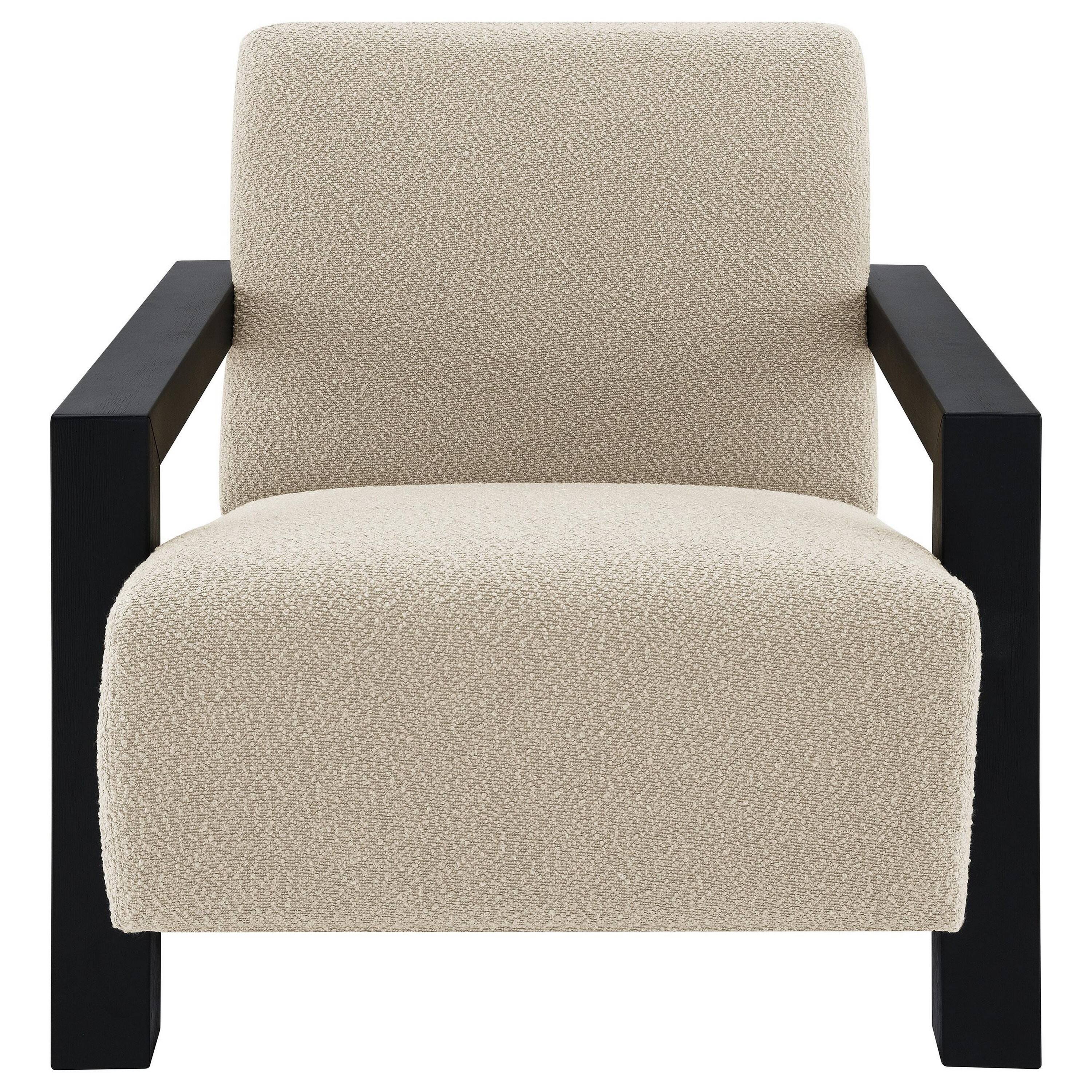 Angle. Manhattan Lane - Fitz Accent Chair, Soft Latte  Boucle Cushions,  Wood Arms - Latte Beige, Black.