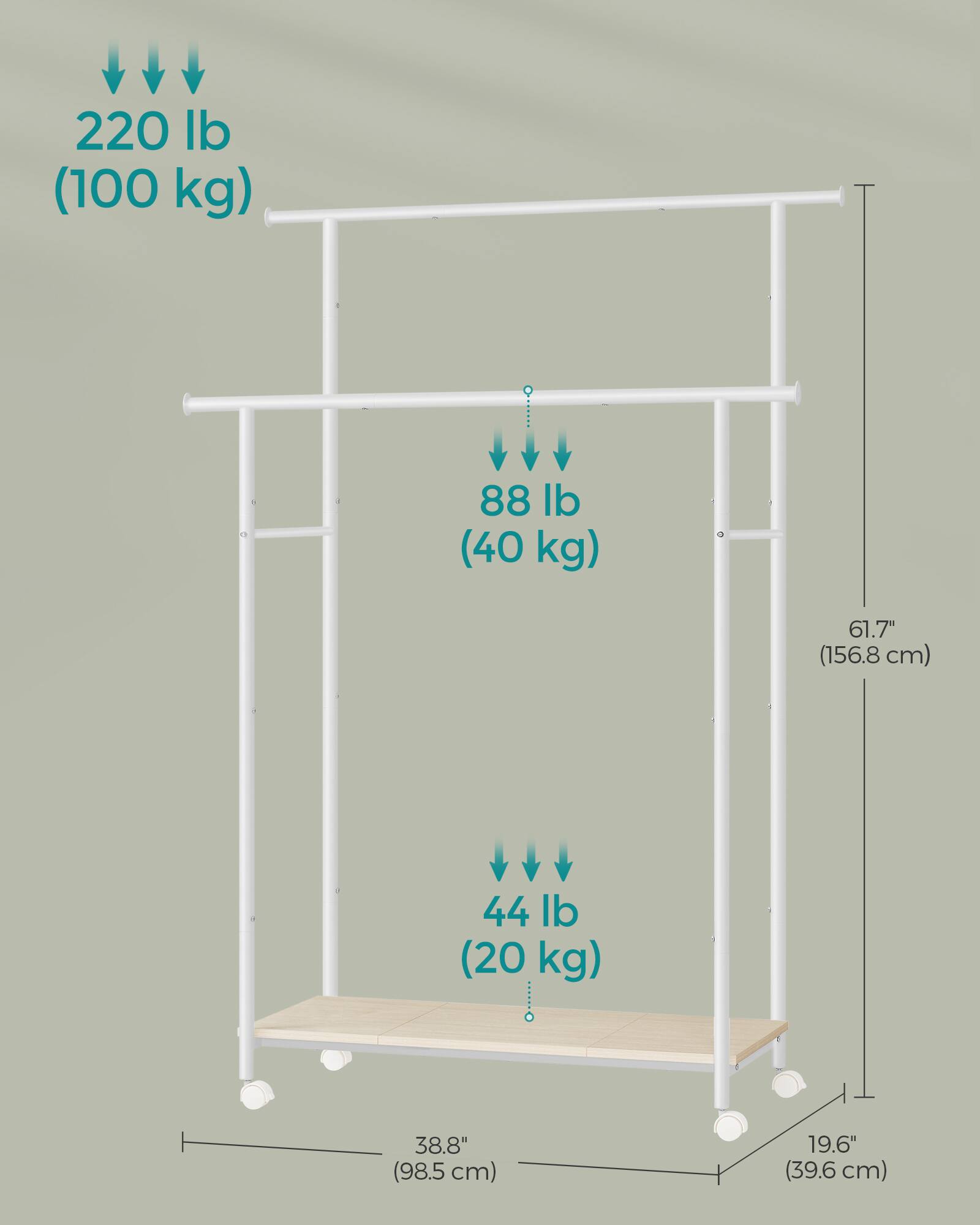 220 lb (100 kg)  
88 lb (40 kg)  
61.7" (156.8 cm)  
44 lb (20 kg)  
38.8" (98.5 cm)  
19.6" (39.6 cm)