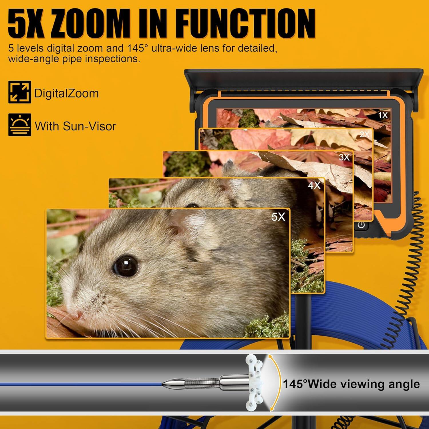 Left. Aukfa - Endoscope Camera with Light - 7" Monitor, 100ft IP68 Self-Leveling Pipe Inspection, 5MM Cable, DVR.