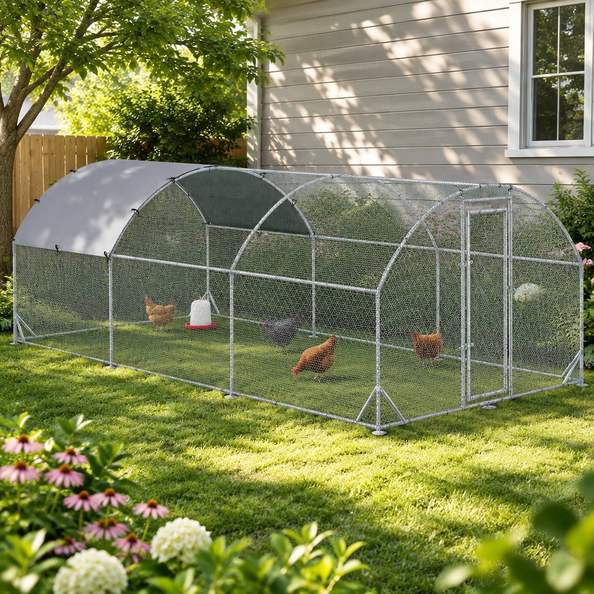Alt View 1. RYHNUYNE - Metal Chicken Coop, 18.7 ft x 9.2 ft x 6.5 ft Walk-in Run, Dome Roof, Waterproof Cover, 1 in Tube.