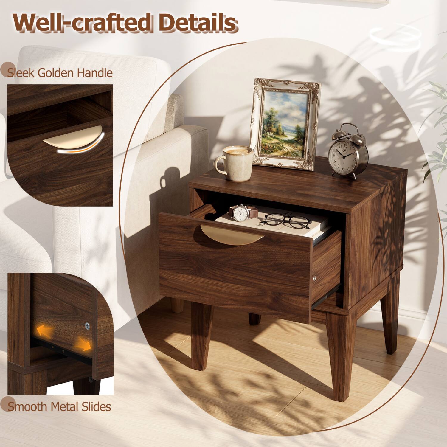 Well-crafted Details

Sleek Golden Handle

Smooth Metal Slides
