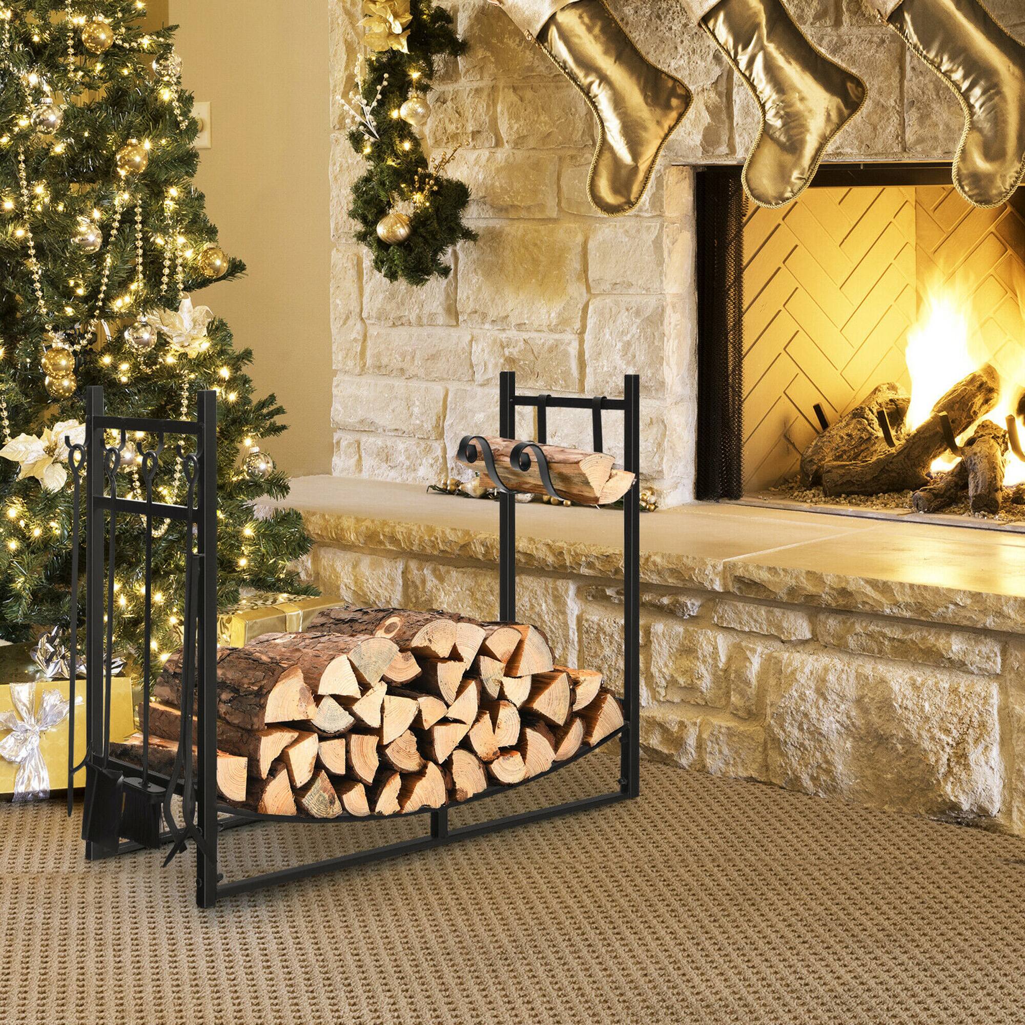 Alt View 3. Gymax - Gymax 36'' Fireplace Log Rack W/ 4 Tool Set Kindling Holders for Indoor Outdoor - Black.