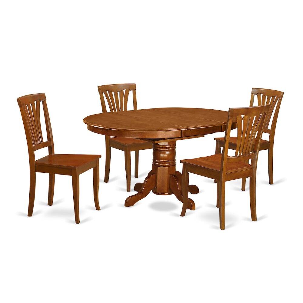 East West Furniture - 5 Pc set Avon Kitchen Table offering Leaf and 4 Upholstered Seat Chairs - Saddle Brown