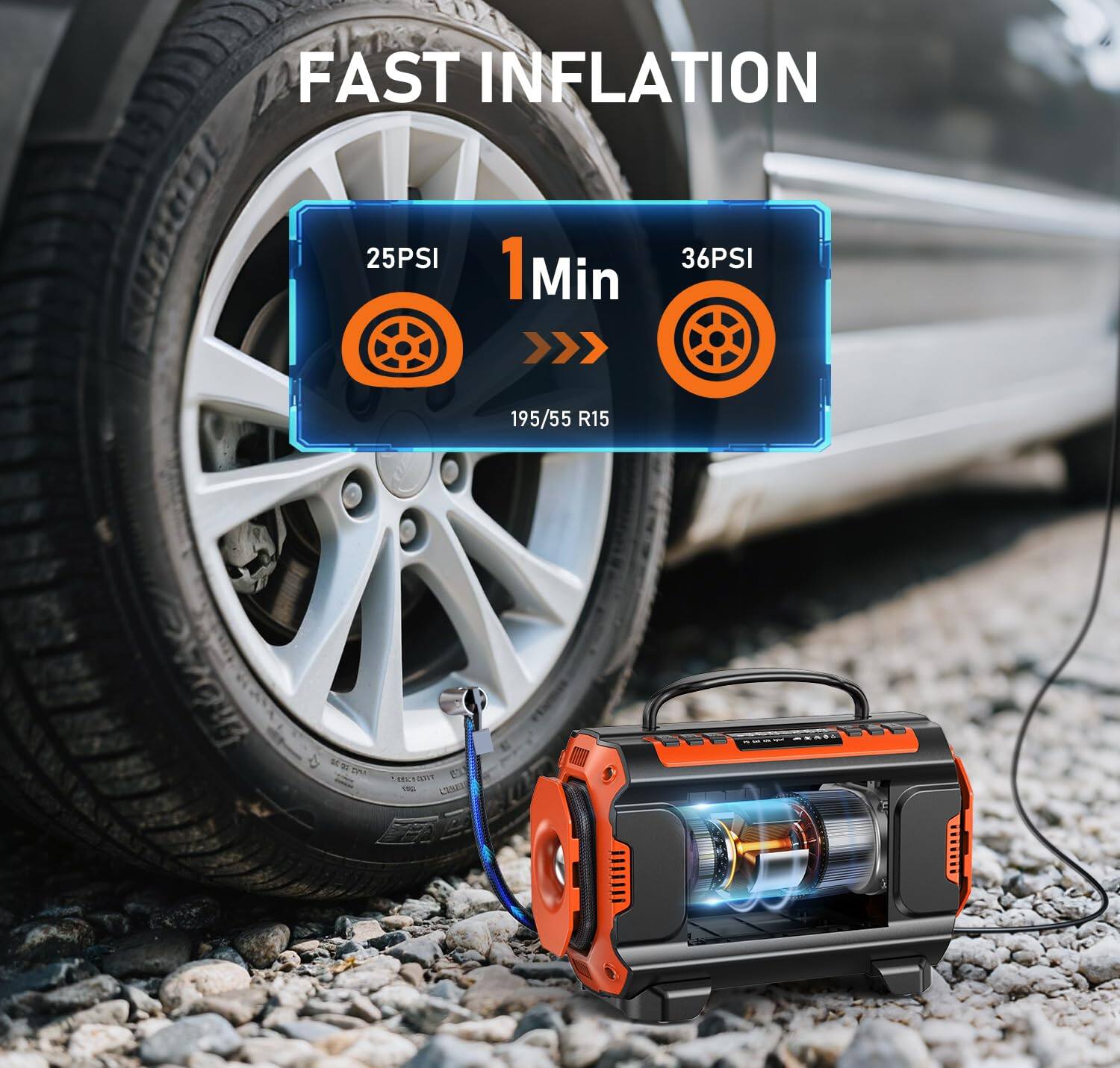 FAST INFLATION  
25PSI 1 Min 36PSI  
195/55 R15  
UM MECHEY E1 180 LONPE  
SESUREA