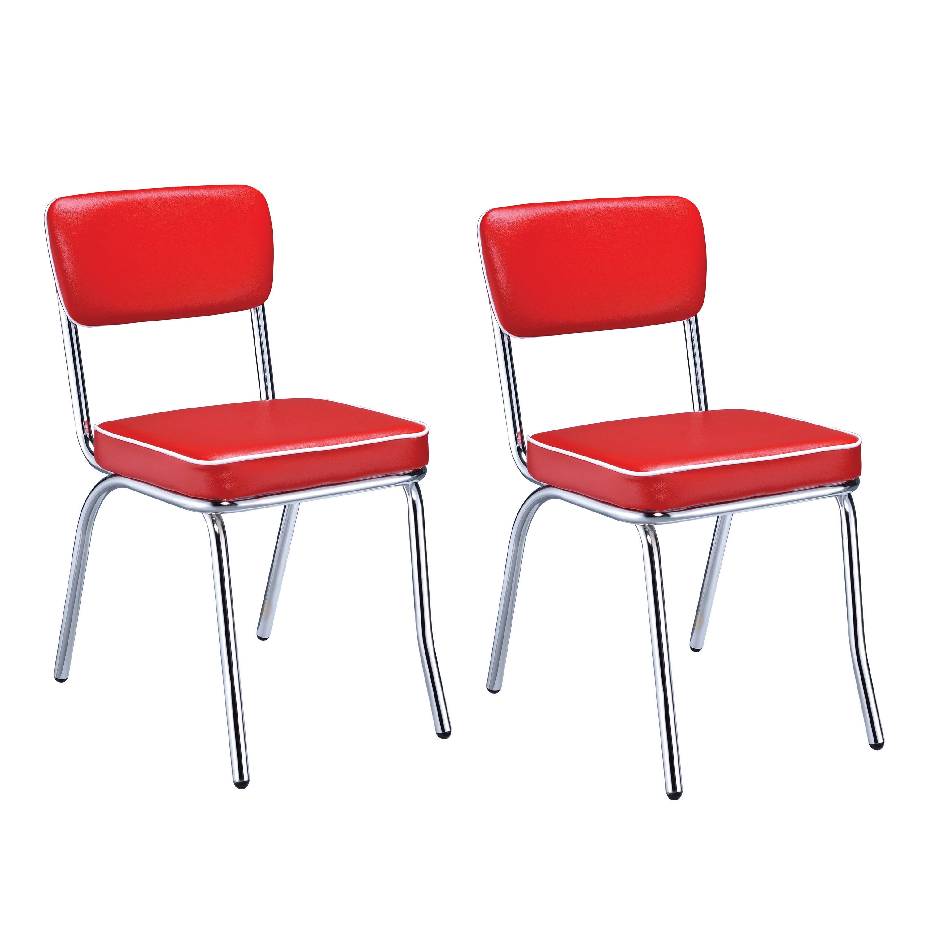 Front. Manhattan Lane - Dining Side Chair Set of 2, Retro Red Faux Leather, Chrome Metal Legs - Red, Chrome, White.
