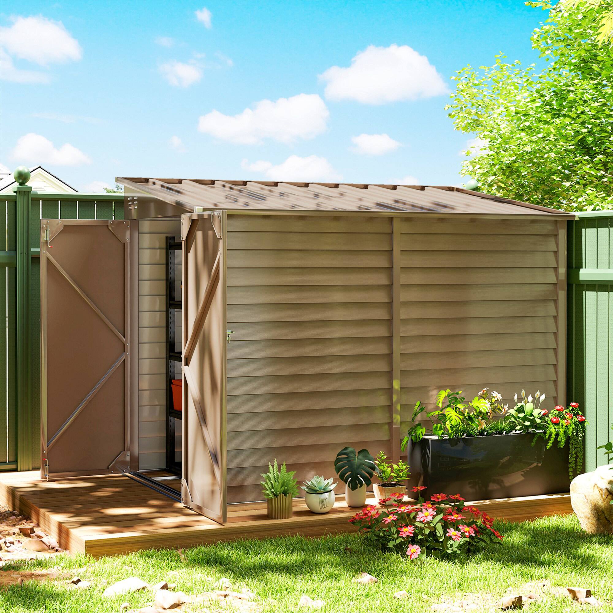 Alt View 1. Outsunny - 4.6' x 9' Steel Outdoor Storage Shed, Lean to Shed, Metal Tool House with Foundation Kit, Lockable Doors.