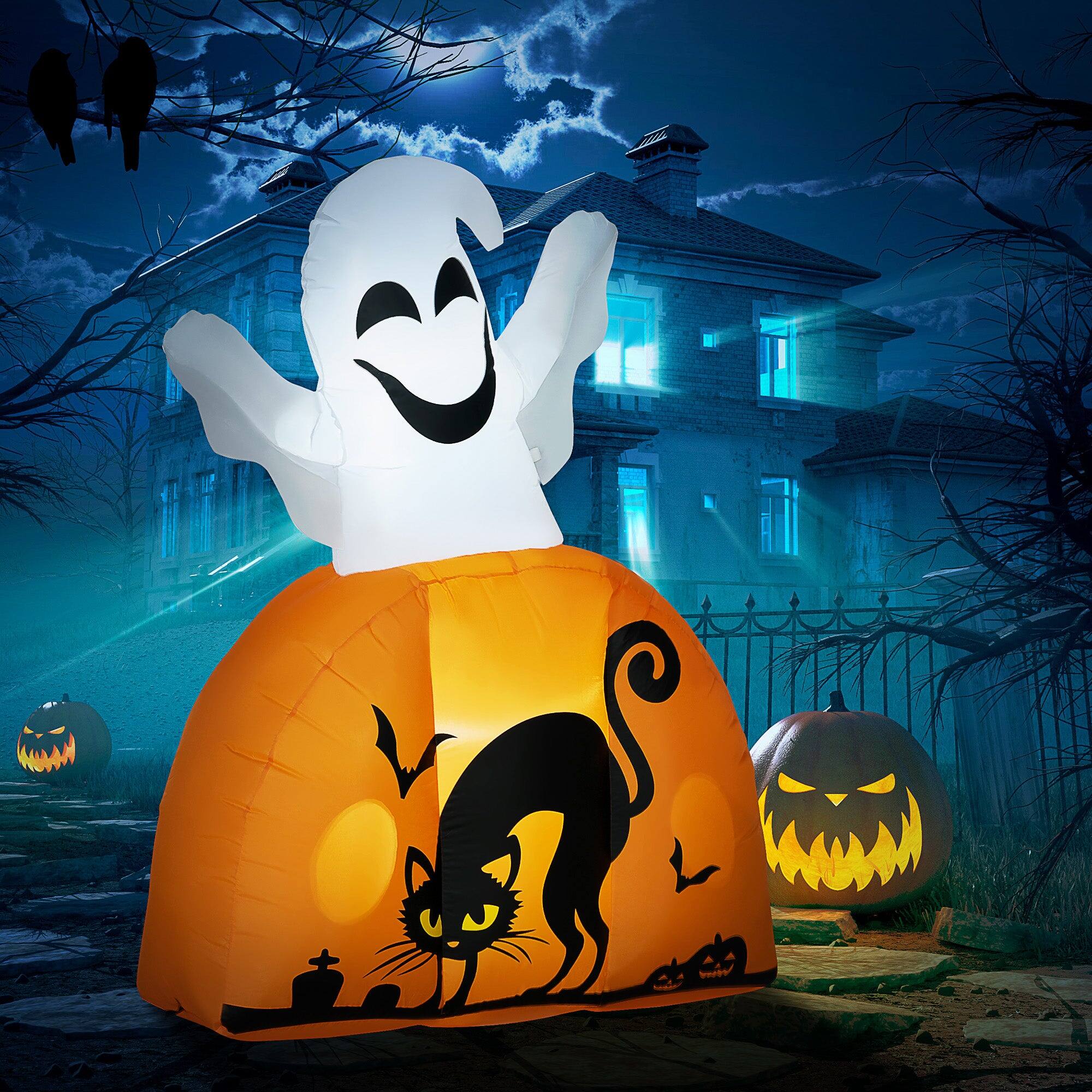 Alt View 1. Boyel Living - 5ft Halloween Inflatable Ghost with Pumpkin Base Lighted Waterproof Outdoor Yard Decoration with LED Lights - White.
