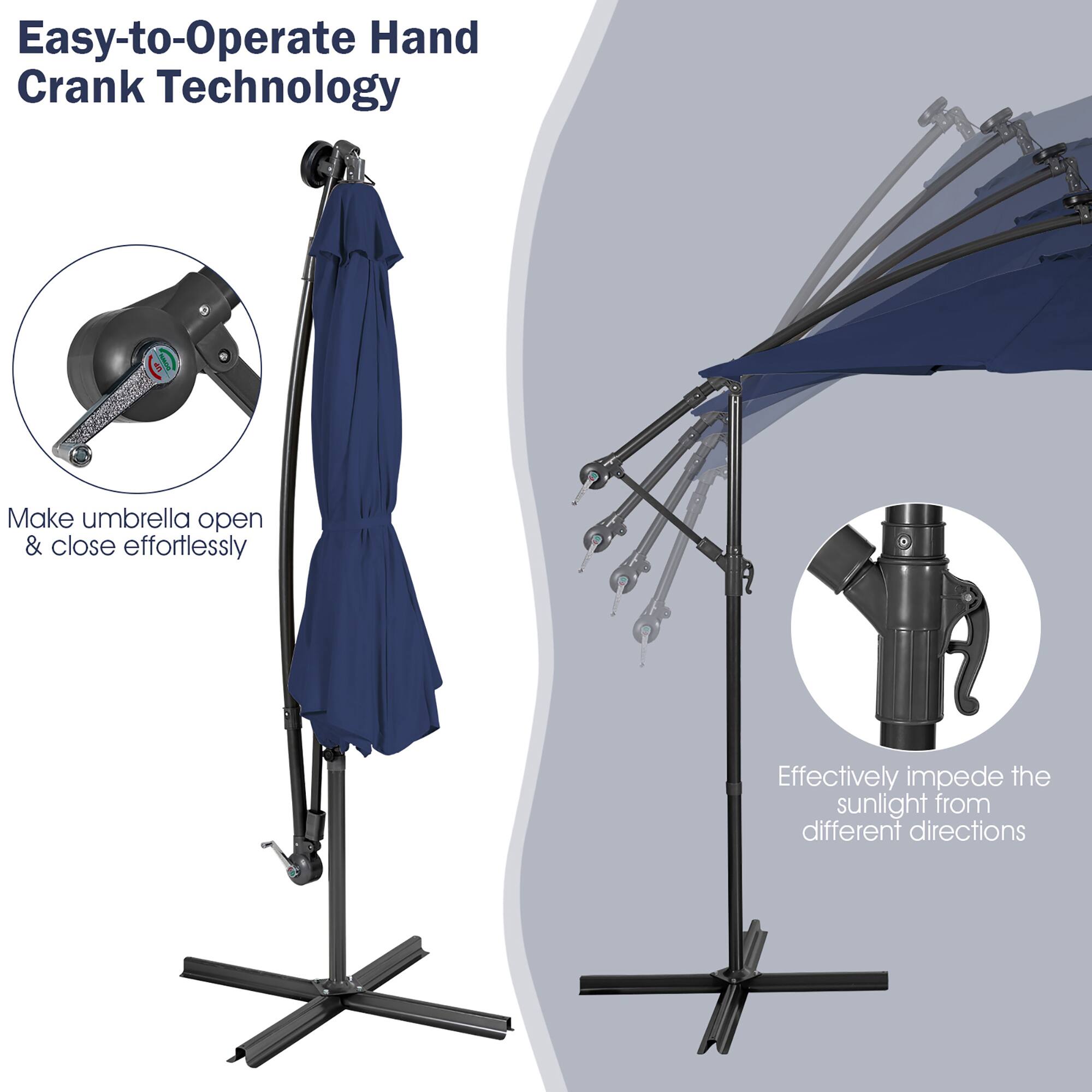 Easy-to-Operate Hand Crank Technology: Make umbrella open & close effortlessly. Effectively impede the sunlight from different directions.