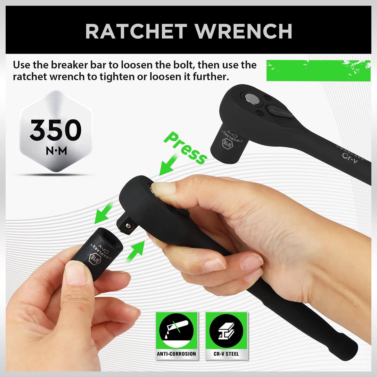 RATCHET WRENCH

Use the breaker bar to loosen the bolt, then use the ratchet wrench to tighten or loosen it further.

350 N·M

Press

ANTI-CORROSION

CR-V STEEL