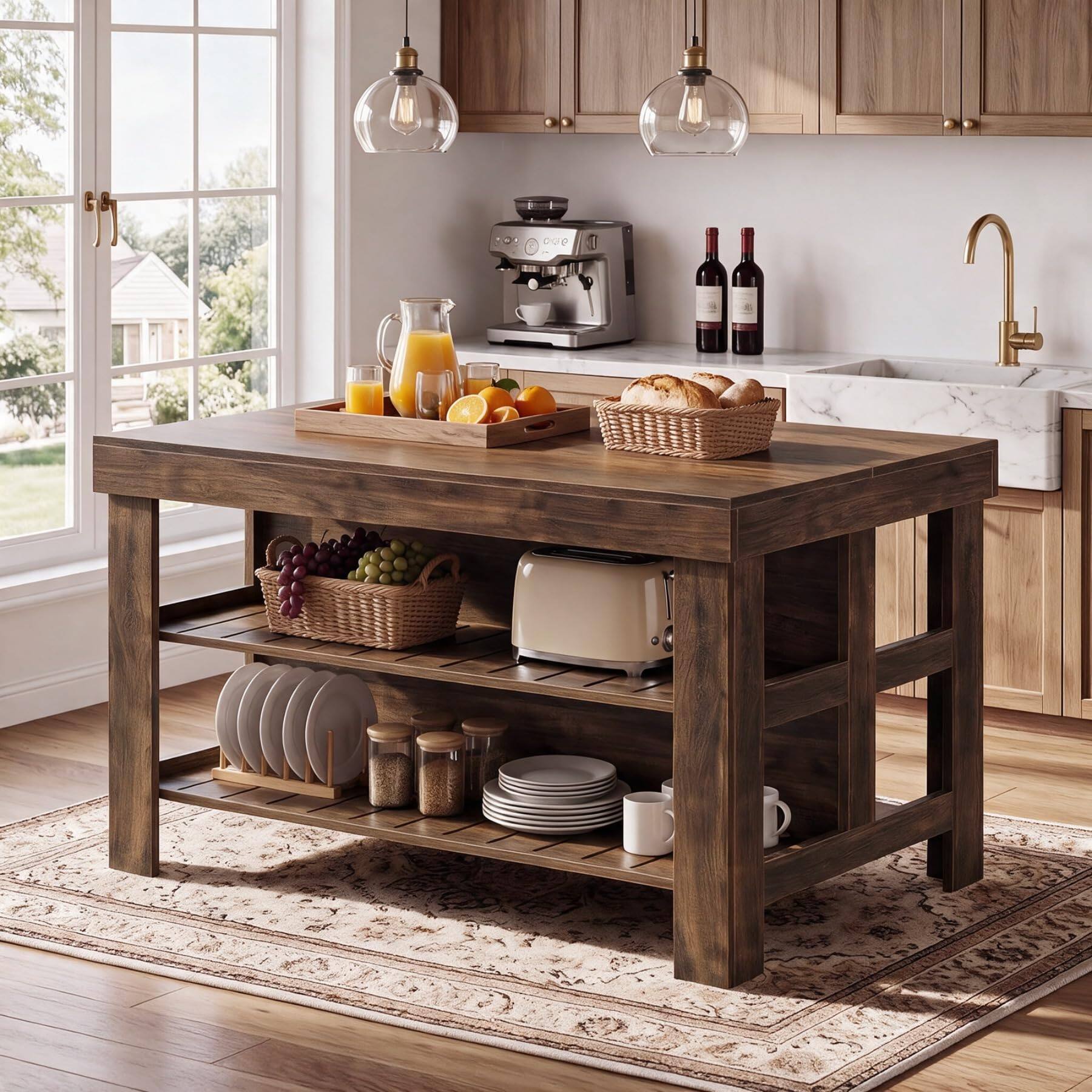 Left. Tribesigns - 55.1-Inch Kitchen Island with Seating Space and 3-Tier Storage for Kitchen or Dining Room - All Brown.