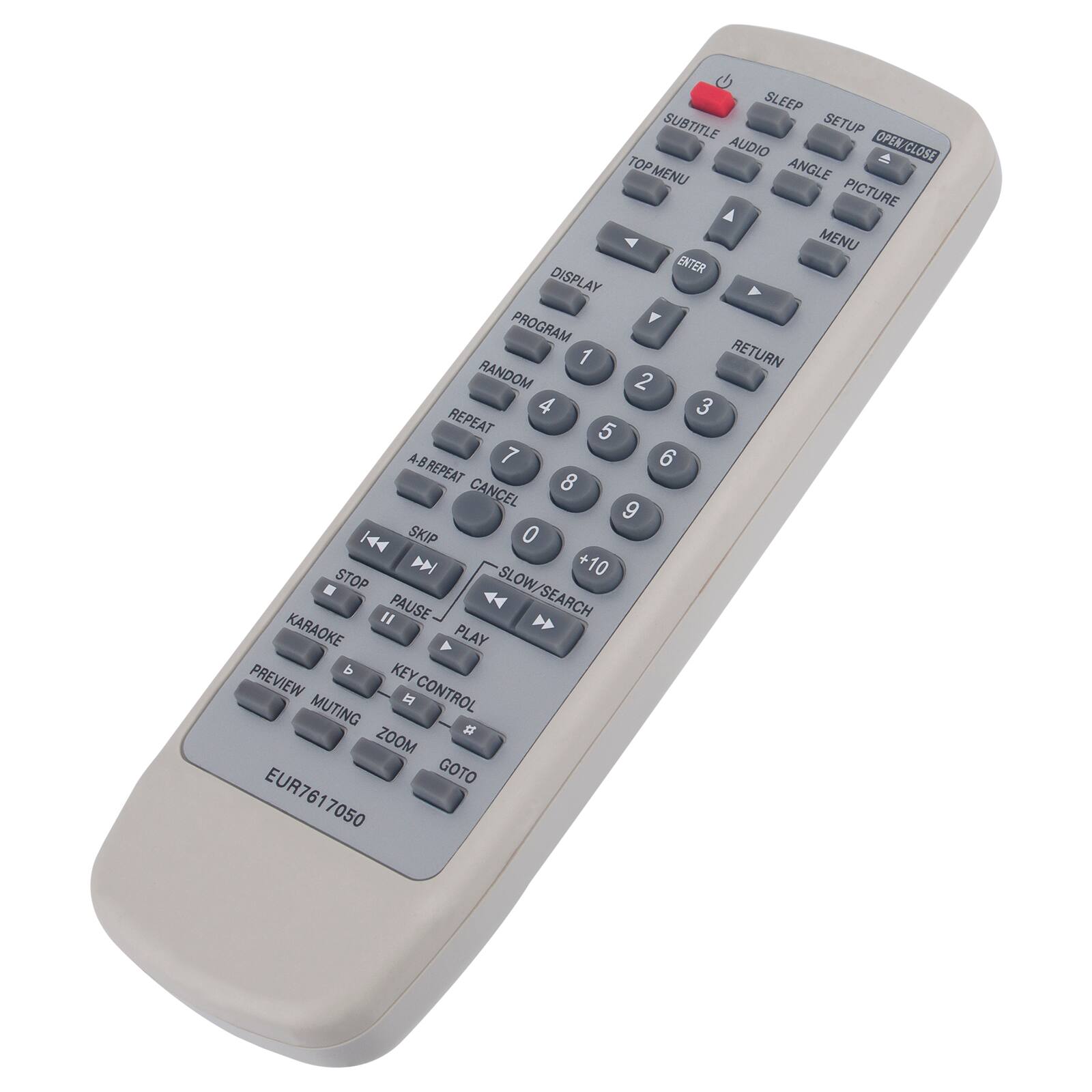 SLEEP  
SUBTITLE  
SETUP  
AUDIO  
OPEN/CLOSE  
TOP MENU  
ANGLE  
PICTURE  
MENU  
DISPLAY  
ENTER  
PROGRAM  
1  
2  
3  
4  
5  
6  
7  
8  
9  
0  
A-8  
REPEAT  
RANDOM  
RETURN  
SKIP  
SLOW/+10  
STOP  
PAUSE  
PLAY  
SEARCH  
KARAOKE  
PREVIEW  
MUTING  
ZOOM  
GOTO  
CONTROL  
KEY CONTROL  
EUR7617050