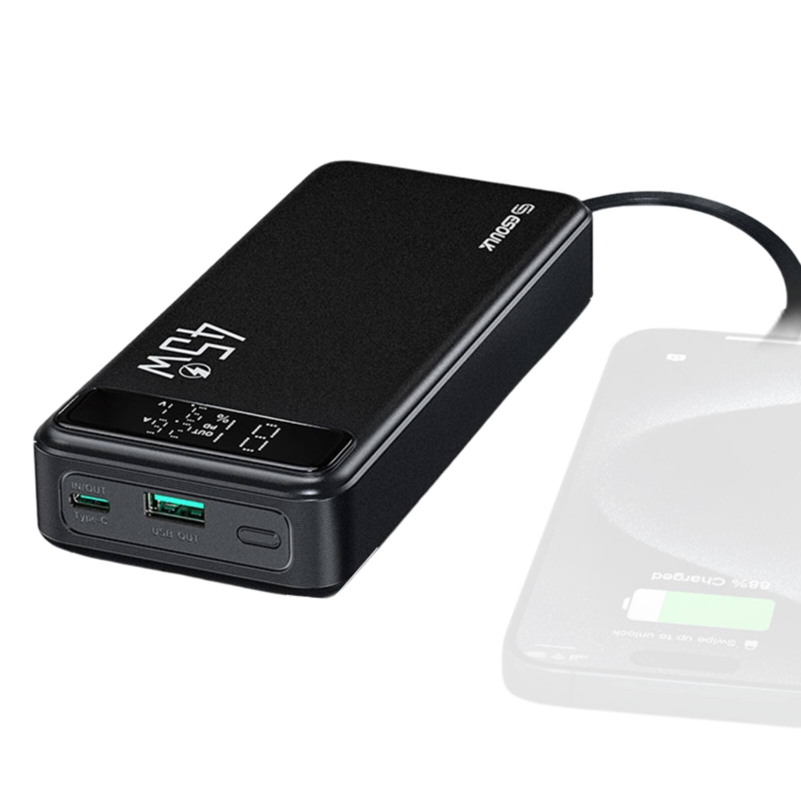 Sure, here is the corrected and grouped text from the image:

- 45W
- SAKO
- IN/OUT
- Type-C
- USB OUT
- Charged 88%
- unlock 01
- Swipe
- 88% Charged
- Samsung on the go