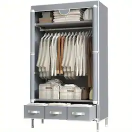 Mirfee - Portable Closet with Rolling Door, Hanging Rack & 3 Drawers - No-Tool Assembly, Non-Woven - 67x35x17 In - Gray