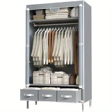 Front. Mirfee - Portable Closet with Rolling Door, Hanging Rack & 3 Drawers - No-Tool Assembly, Non-Woven - 67x35x17 In, Gray - Gray.