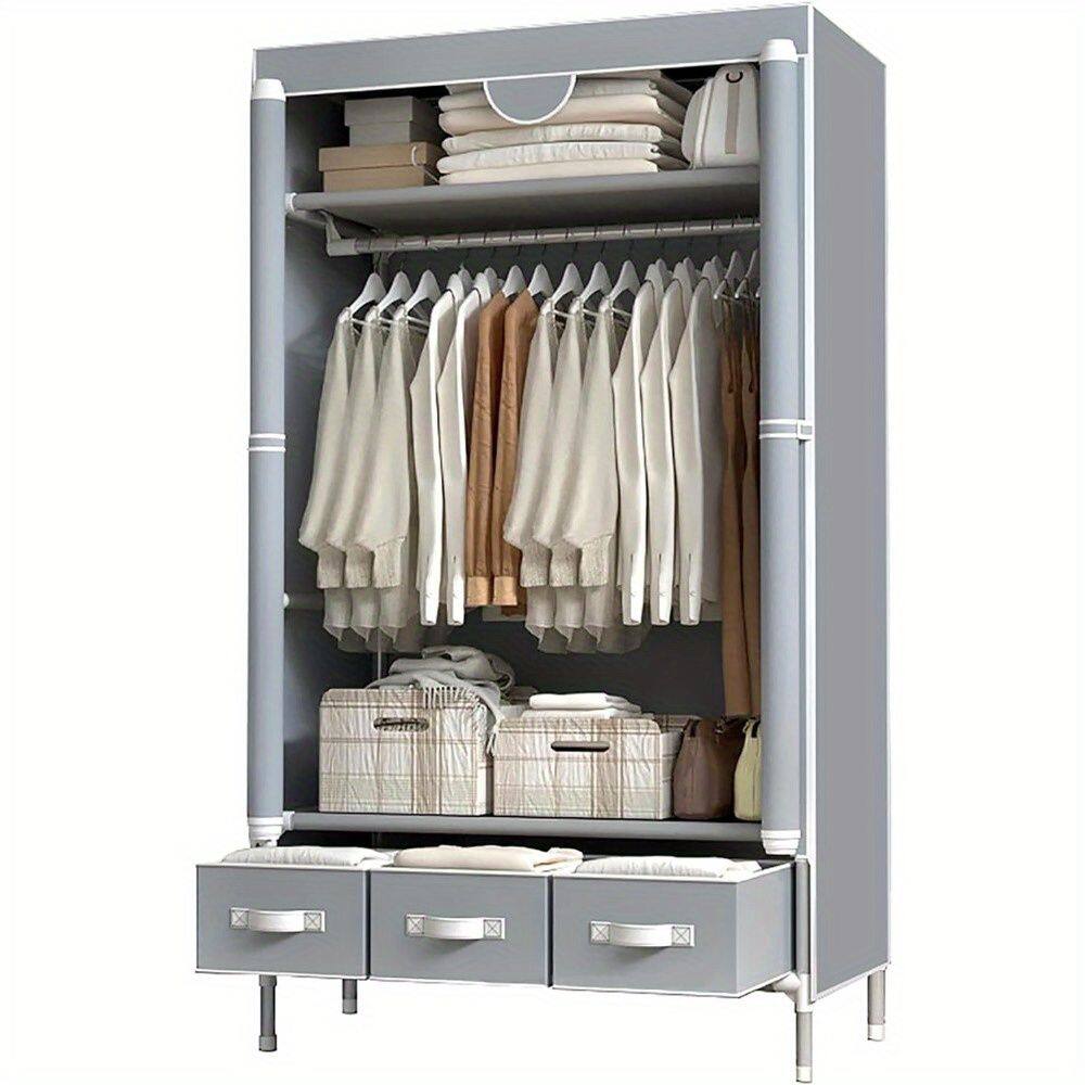 Mirfee - Portable Closet with Rolling Door, Hanging Rack & 3 Drawers - No-Tool Assembly, Non-Woven - 67x35x17 In - Gray