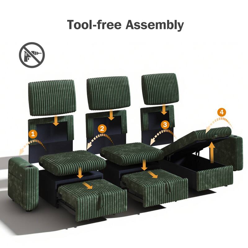 Tool-free Assembly

1. Place the seat cushion on the frame.
2. Attach the backrest to the frame.
3. Attach the armrests to the frame.
4. Attach the headrest to the frame.