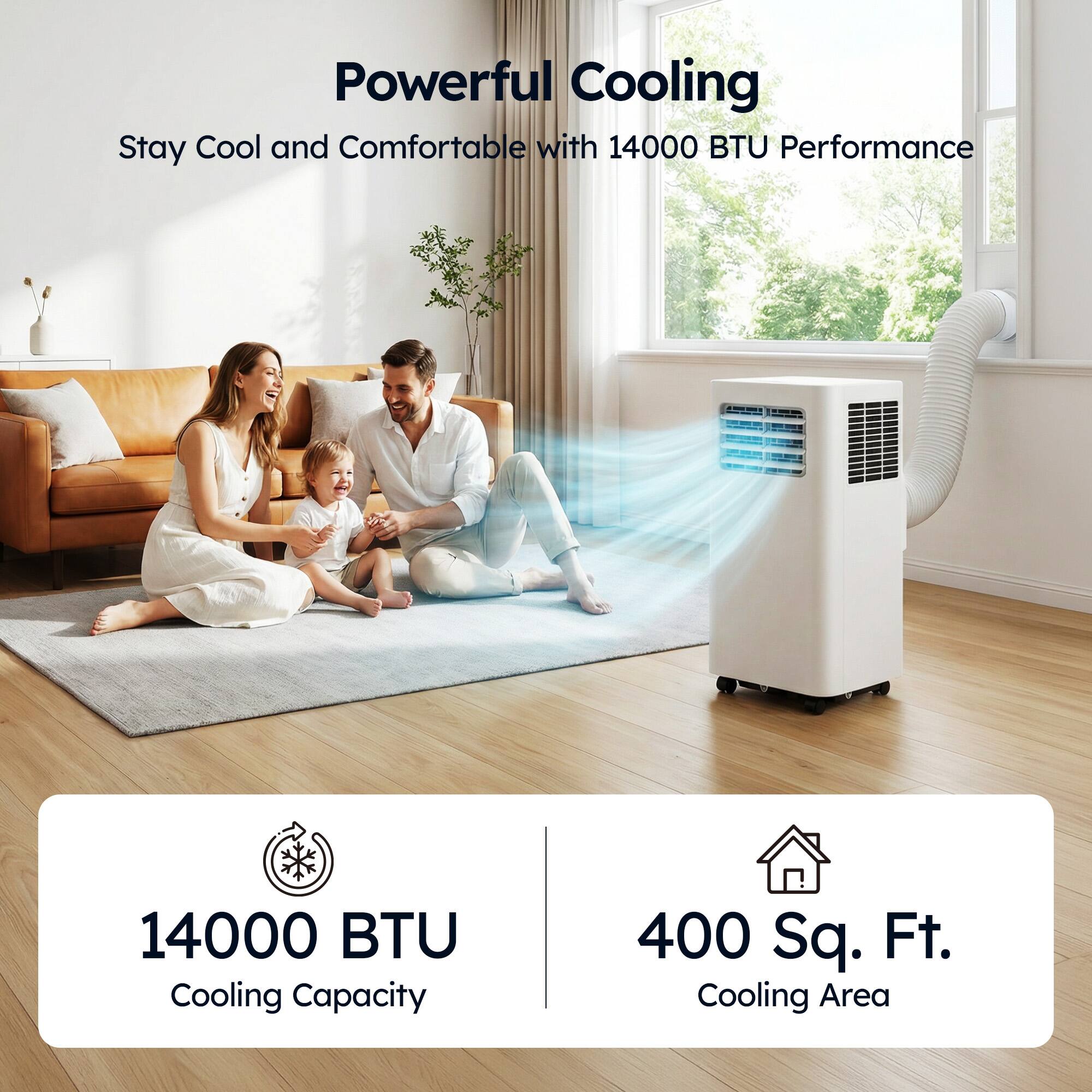 Powerful Cooling  
Stay Cool and Comfortable with 14000 BTU Performance  
14000 BTU Cooling Capacity  
400 Sq. Ft. Cooling Area