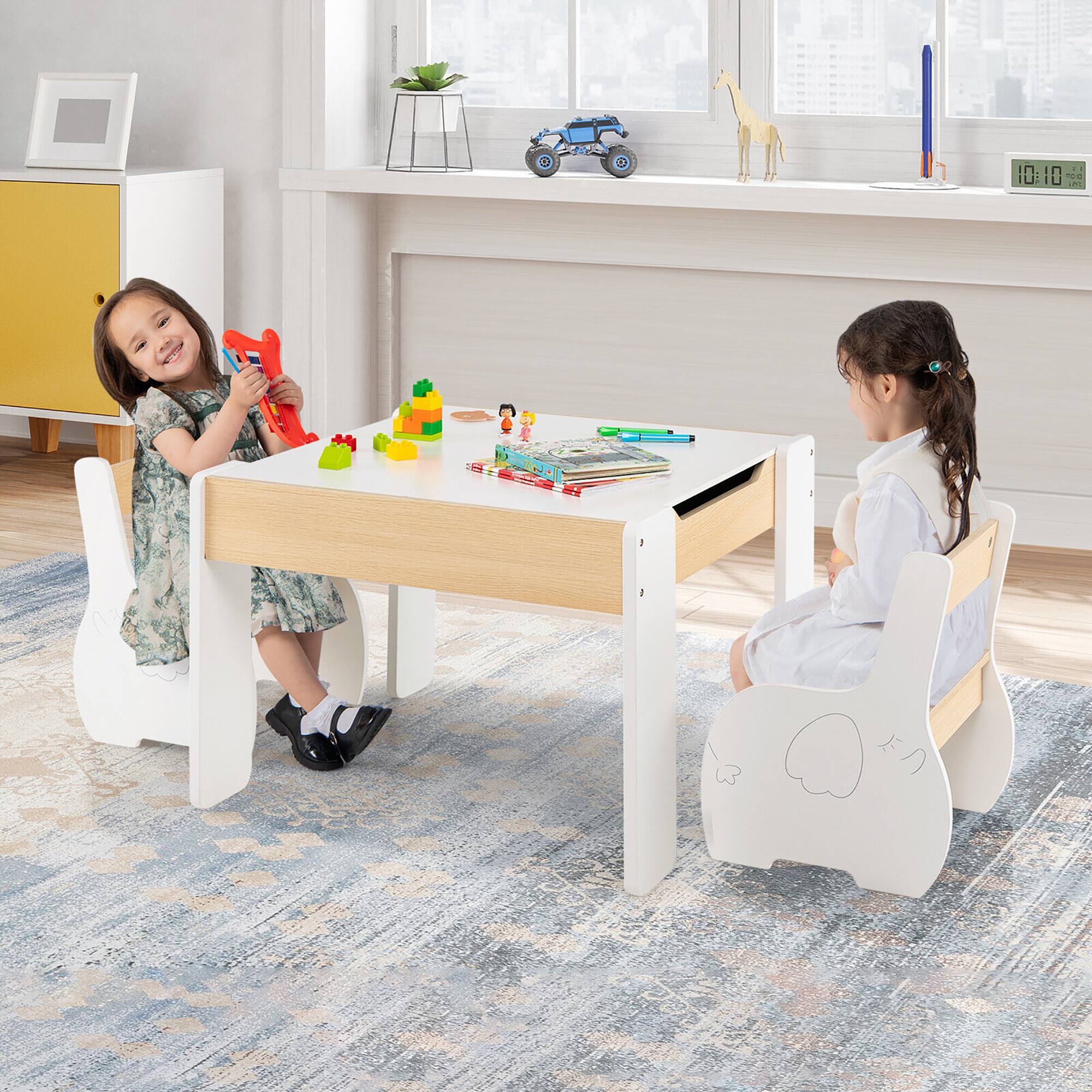 Alt View 3. Gymax - Gymax 4-in-1 Kids Wooden Table & 2 Chairs Set w/ Storage Detachable Blackboard Drawing - White.