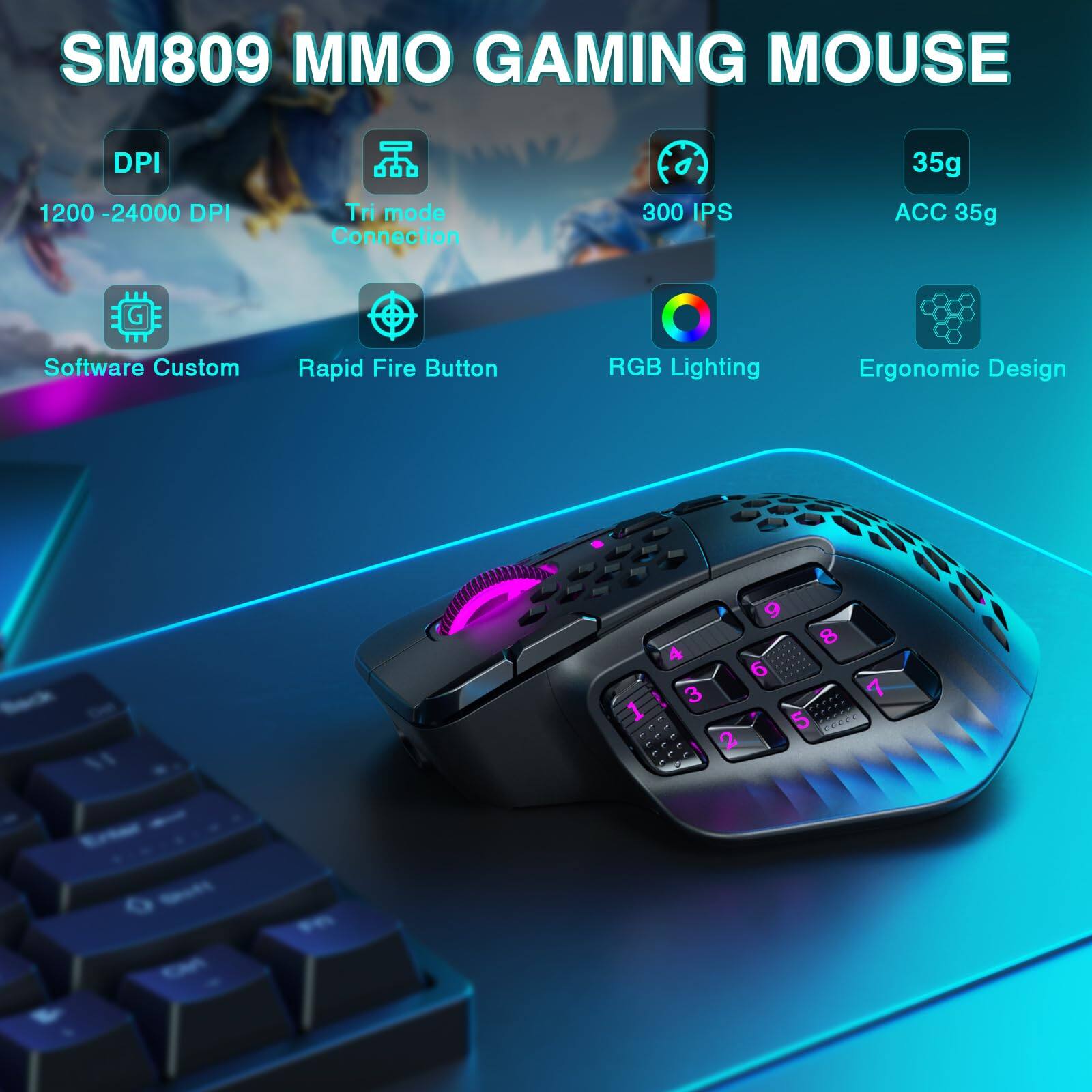 SM809 MMO Gaming Mouse

- DPI: 1200 - 24000 DPI
- Tri-mode Connection
- 300 IPS
- ACC 35g
- Software Custom
- Rapid Fire Button
- RGB Lighting
- Ergonomic Design