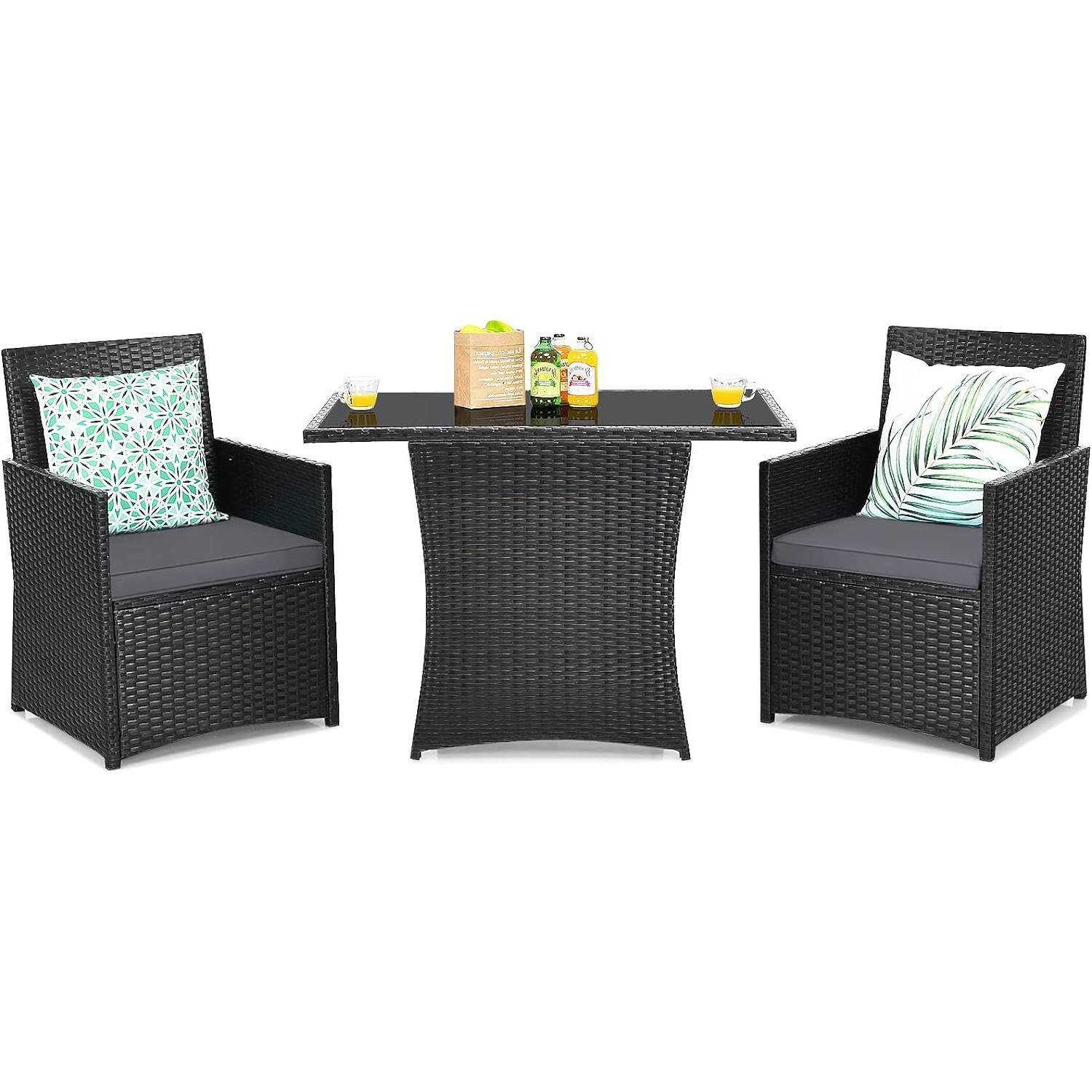 Front. SlickBlue - PE Rattan 3-Piece Patio Furniture Set with Comfortable Cushions - Grey.