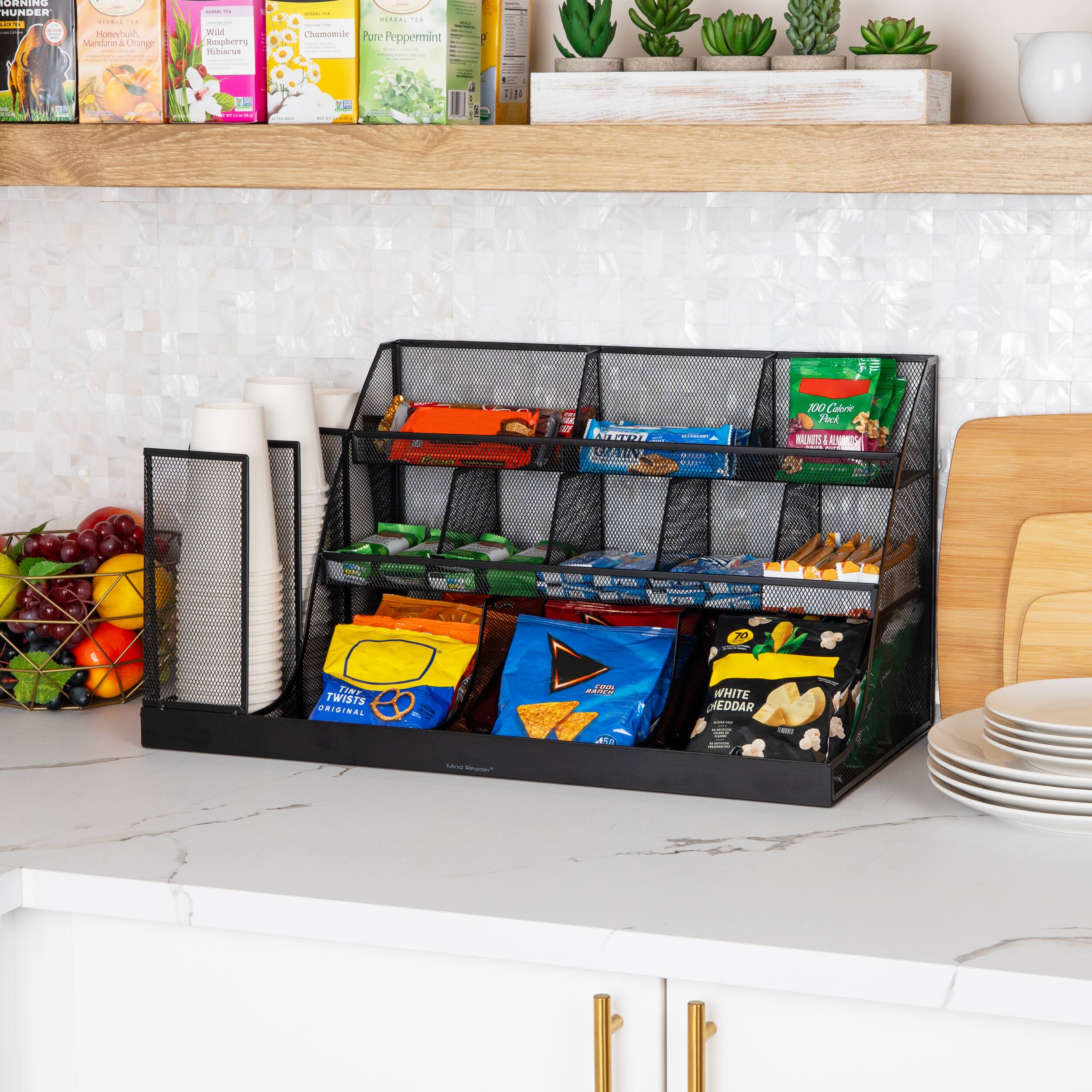 Alt View 11. Mind Reader - Cup and Condiment Station, Countertop Org, Coffee Bar, Kitchen, Metal Mesh, 23.75"L x 11.5"W x 12.5"H - Black.