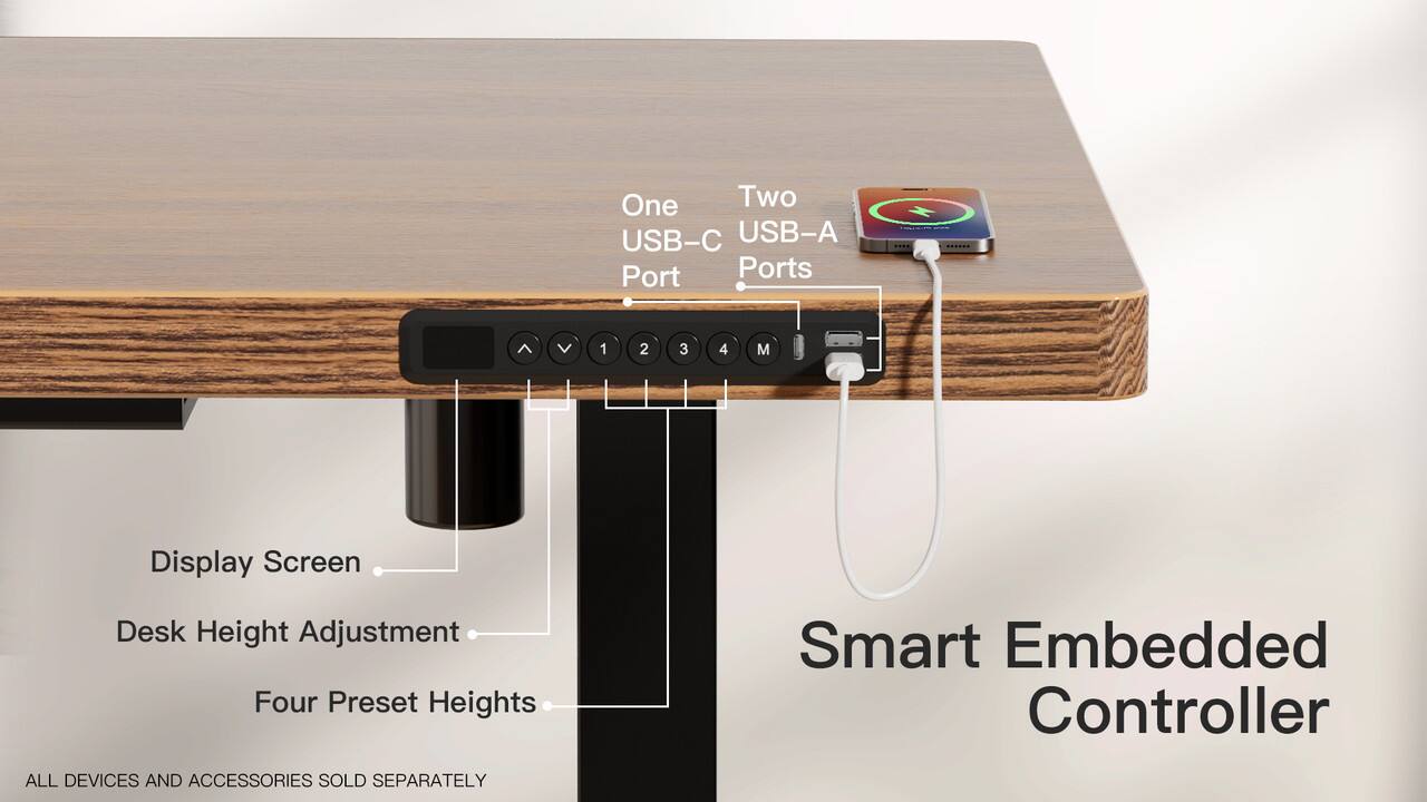One USB-C Port  
Two USB-A Ports  

Display Screen  
Desk Height Adjustment  
Four Preset Heights  

Smart Embedded Controller  

ALL DEVICES AND ACCESSORIES SOLD SEPARATELY