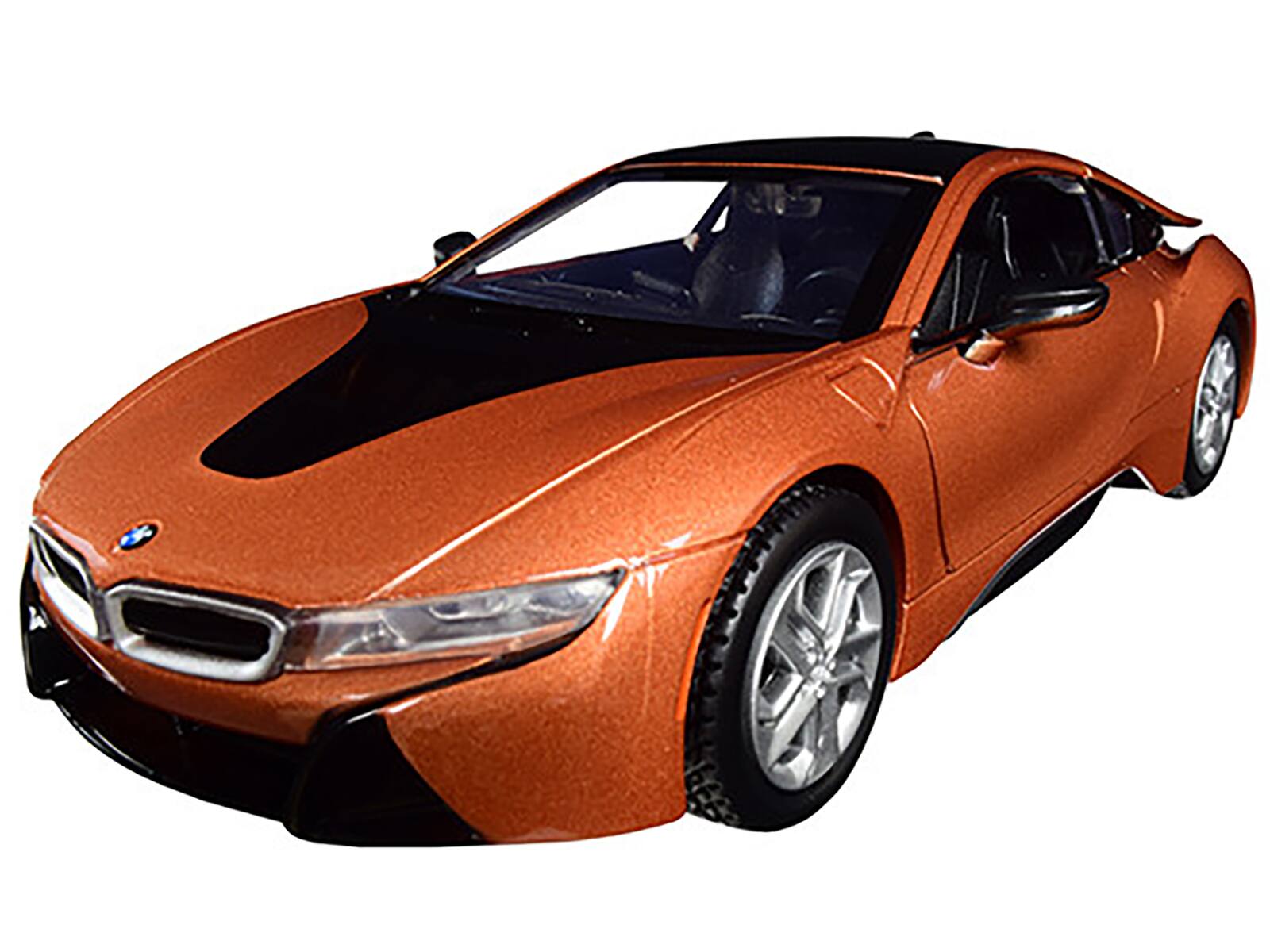Angle. Motormax - 2018 BMW i8 Coupe Metallic Orange with Black Top 1/24 Diecast Model Car by Motormax - Metallic Orange With Black.