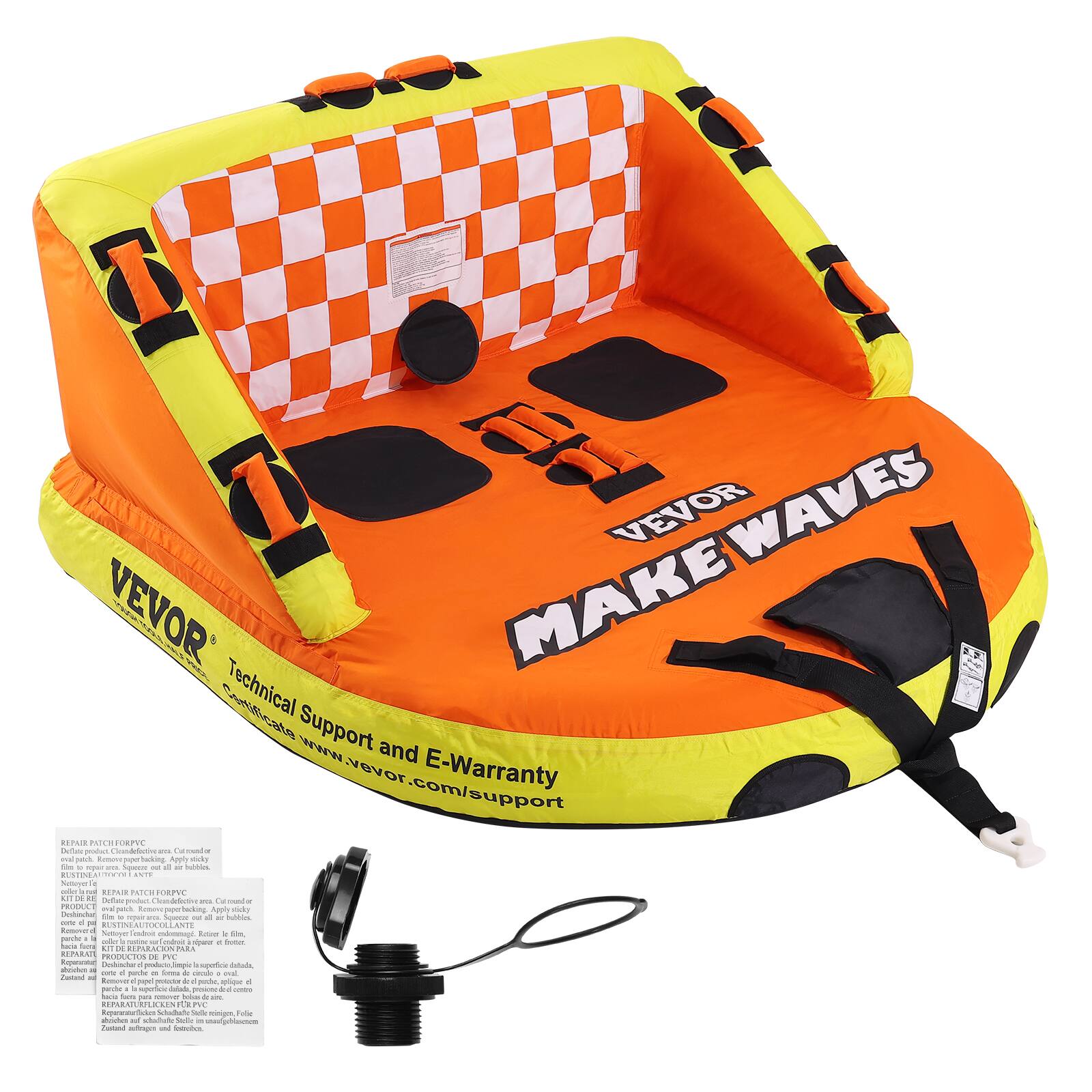 VEVOR - Towable Tube for Boating, 1-2 Riders Inflatable Towable Tubes with Deck Seats and Backrest, 340 lbs Water Sport Tube - Orange