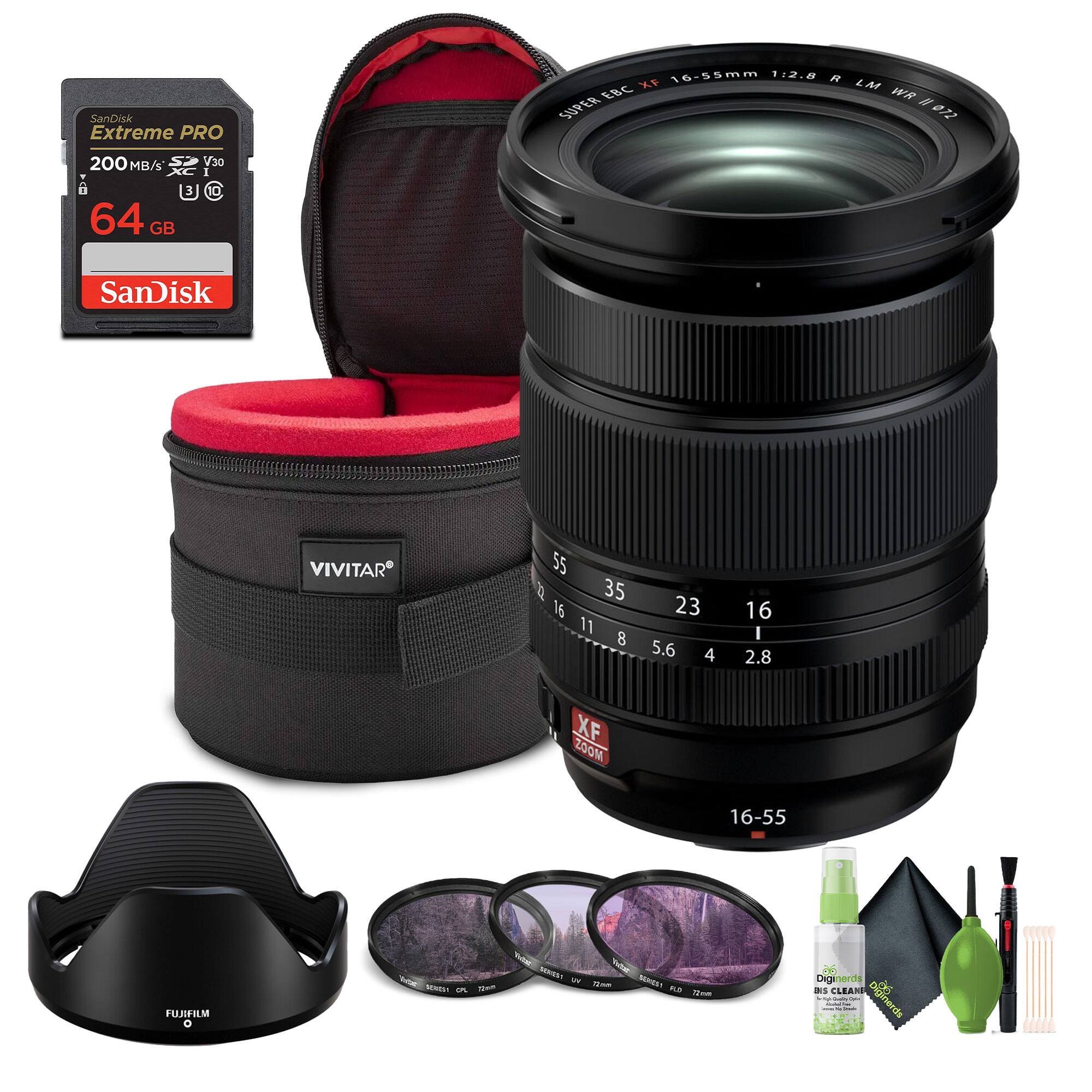SanDisk Extreme PRO 64 GB 200 MB/s V30 I 0  
SanDisk VIVITAR 55 2 35 16 11 8 23 5.6 4 16 2.8 XF ZOOM 16-55 FUJHM  
SUPER EBC XF 16-55mm 1:2.8 R LM WR H0072  
Fujifilm Lens Hood  
DIGINERD Lens Cleaner