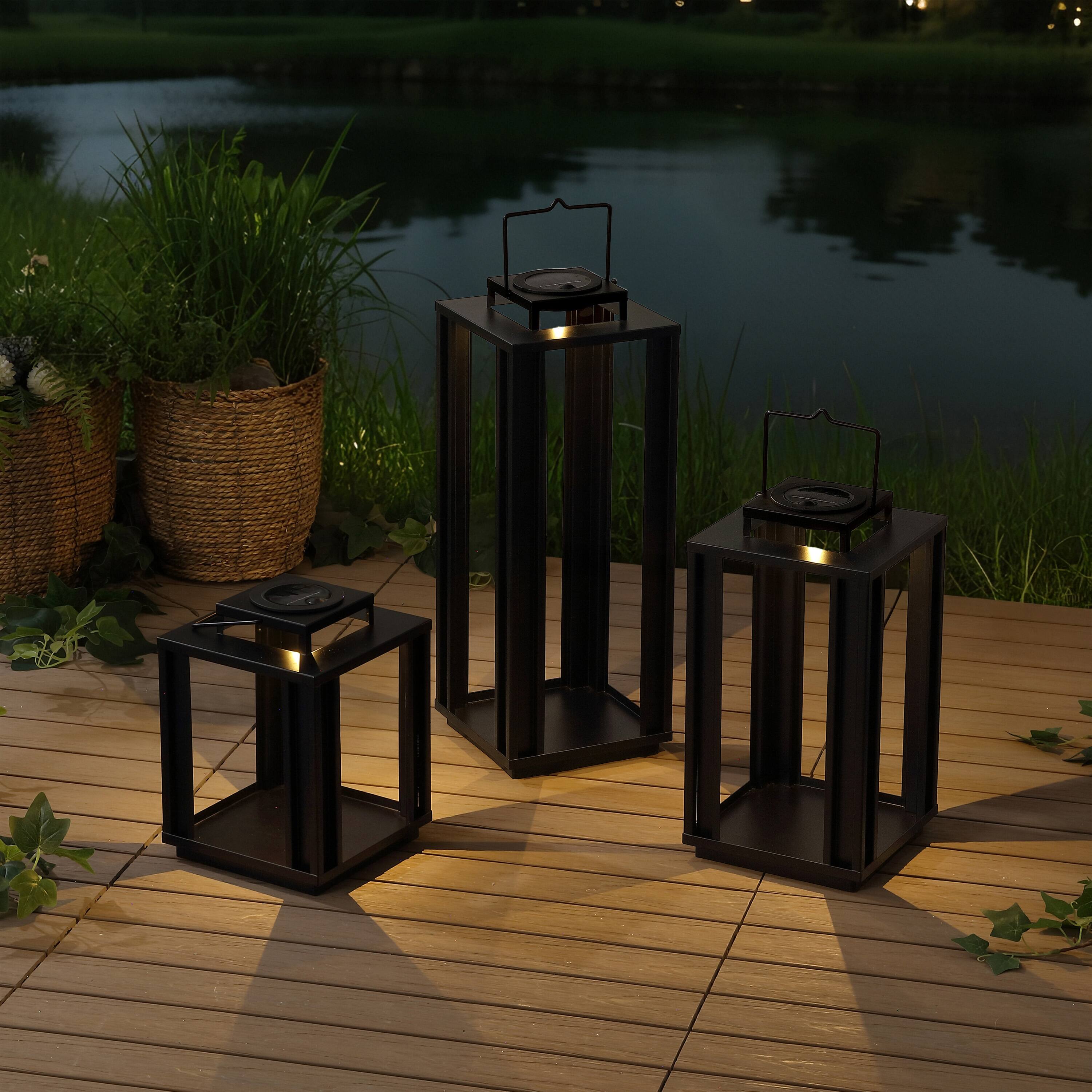 Alt View 8. Jonathan Y - Leland Modern Industrial Integrated Indoor/Outdoor LED Solar Powered Lanterns, Black (Set of 3) - Black.