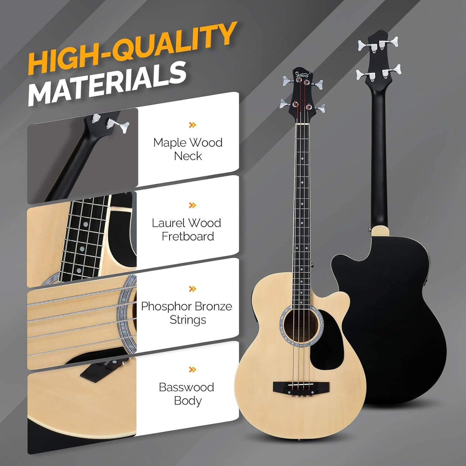 HIGH-QUALITY MATERIALS

- Maple Wood Neck
- Laurel Wood Fretboard
- Phosphor Bronze Strings
- Basswood Body