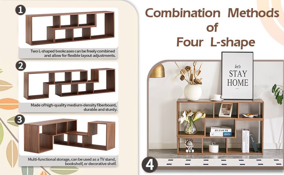 1. Two L-shaped bookcases can be freely combined and allow for flexible layout adjustments.
2. Made of high-quality medium-density fiberboard, durable and sturdy.
3. Combination Methods of Four L-shape
4. let's STAY HOME
5. REDSTAR CLoisic Multi-functional storage, can be used as a TV stand, bookshelf, or decorative shelf.