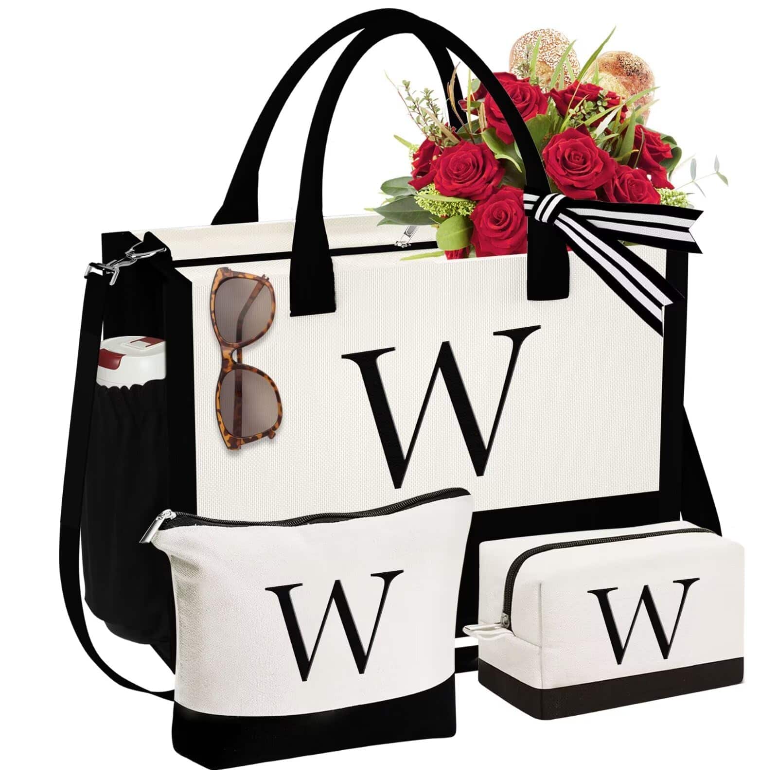 Paradigms Interiors - Initial Canvas Tote Bag & Makeup Birthday Gifts For Women Mom Sister Friends Bridesmaid Wedding - W