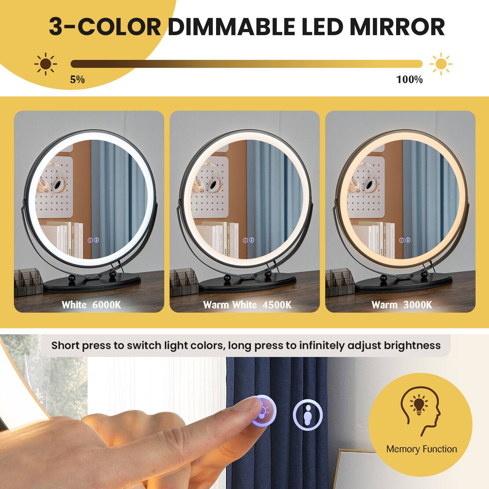 3-COLOR DIMMABLE LED MIRROR 5% 100% - White 6000K Warm White 4500K Warm 3000K - Short press to switch light colors, long press to infinitely adjust brightness Memory Function